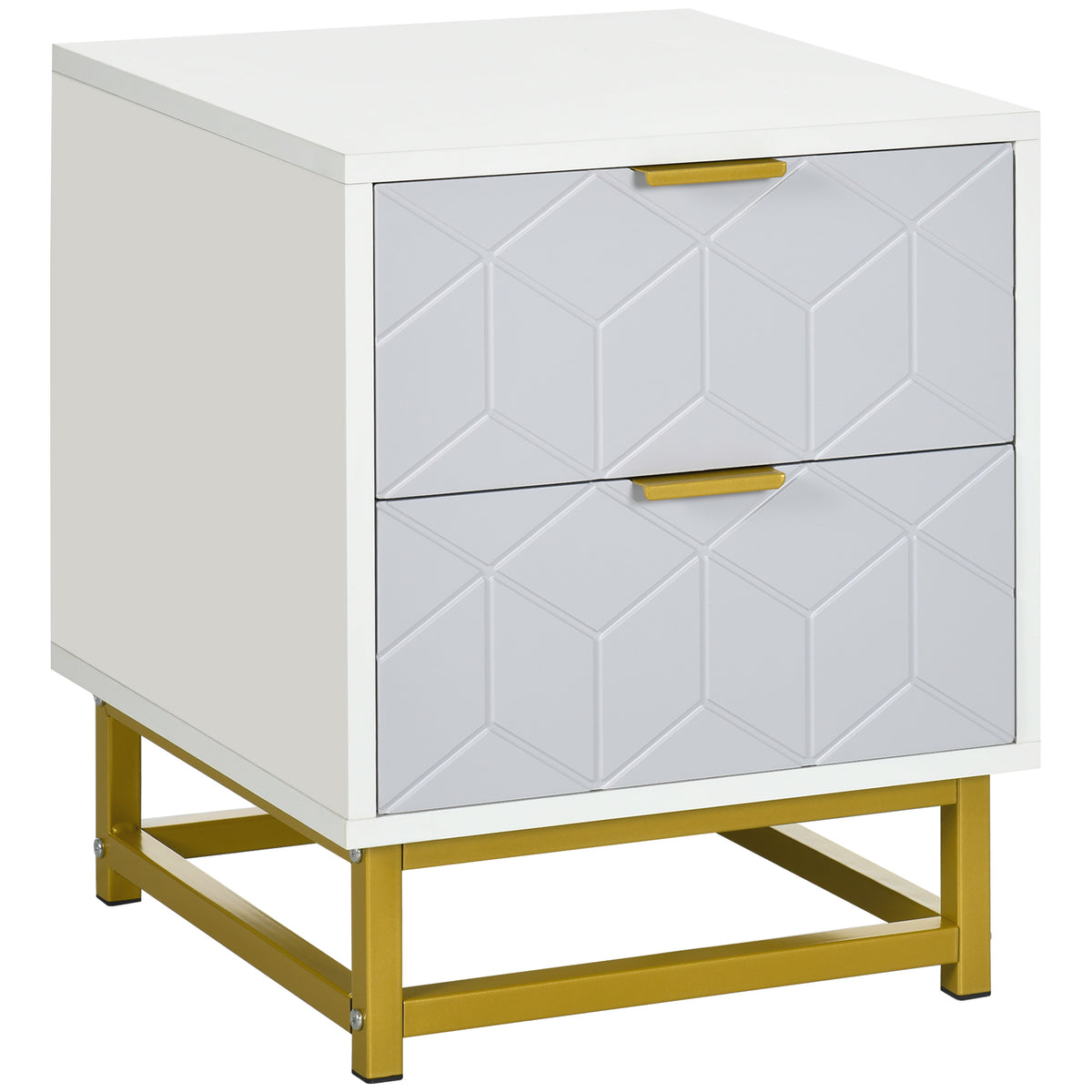 Kozy Bedside Table with 2 Drawers, Side Table, Bedside Cabinet with Steel Frame for Living Room, Bedroom, Grey and White