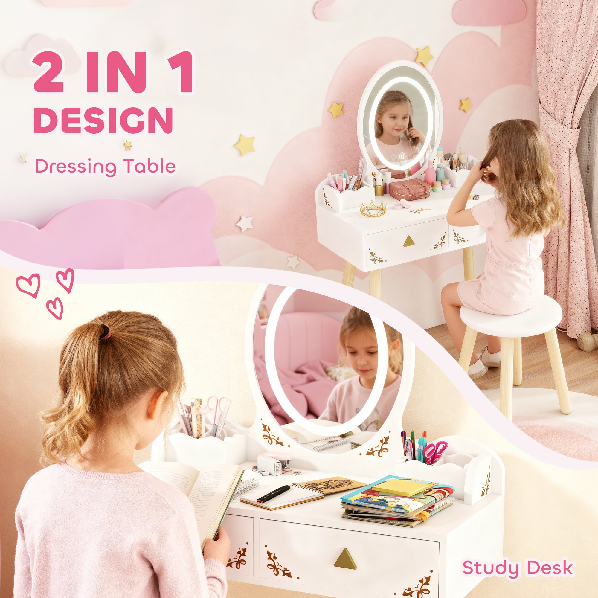 Kozy Kids Vanity Table and Chair Set with 3-Colour LED Lights Mirror, Drawer, Storage Boxes, for 3+ Years, White