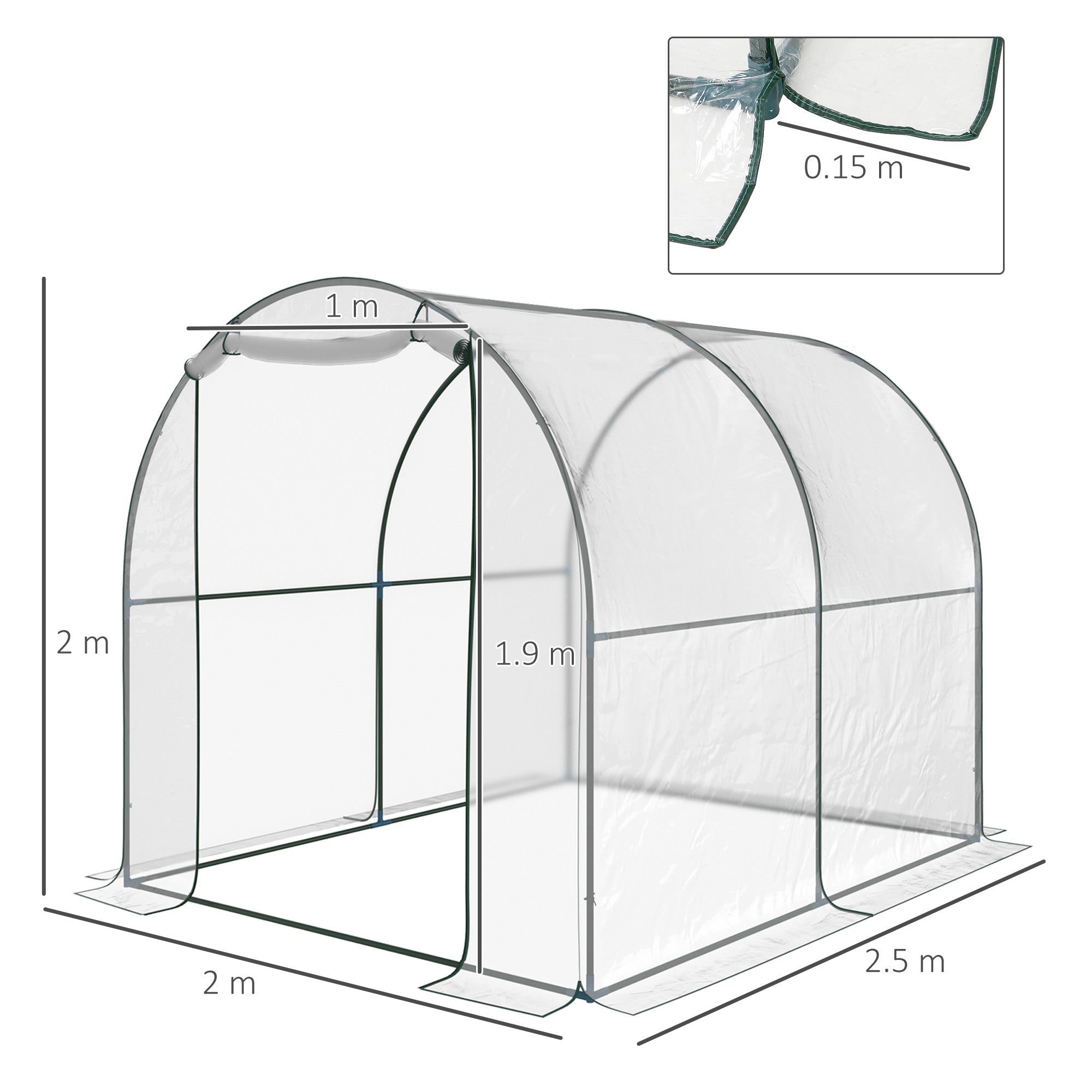 Kozy Walk-in Polytunnel Greenhouse with Roll-up Door Transparent Tunnel Greenhouse with Steel Frame and PVC Cover, 2.5 x 2m
