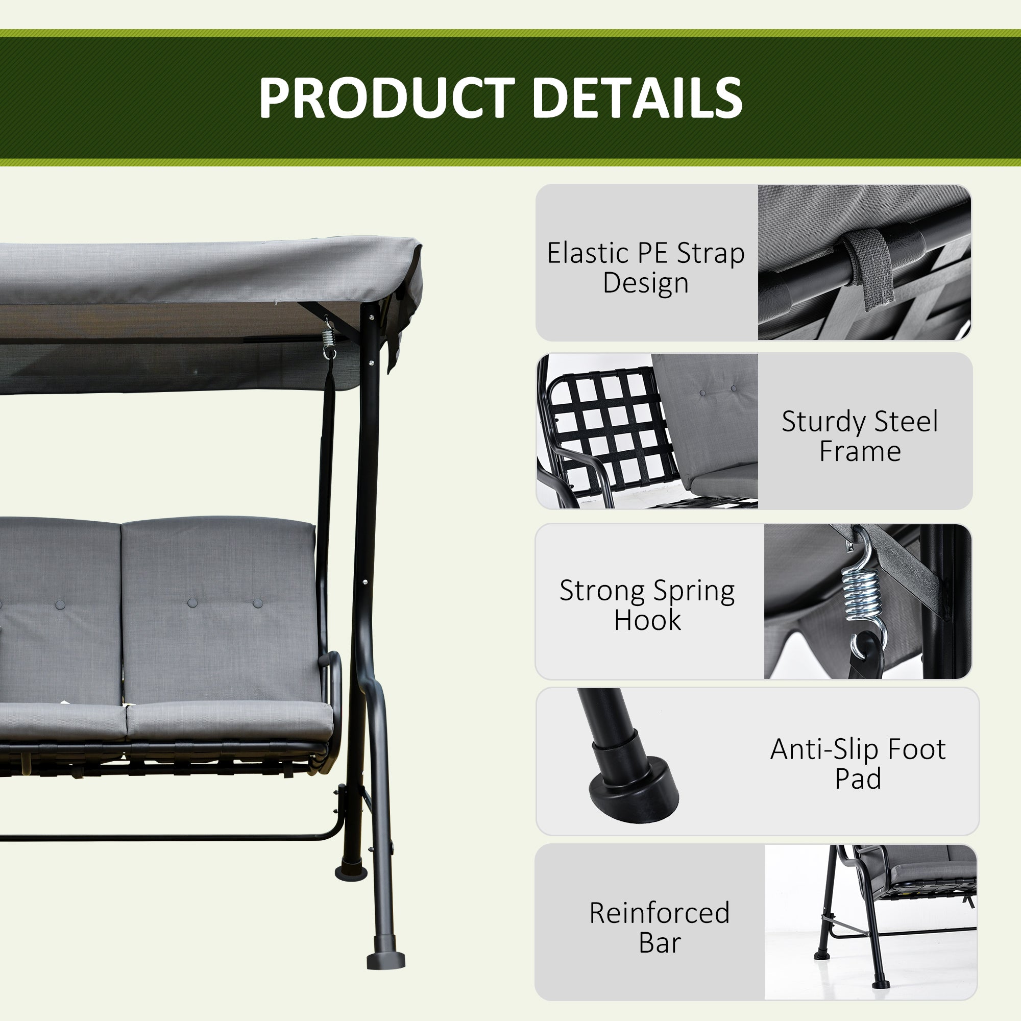 Kozy Outdoor 3-person Metal Porch Swing Chair Bench, Grey