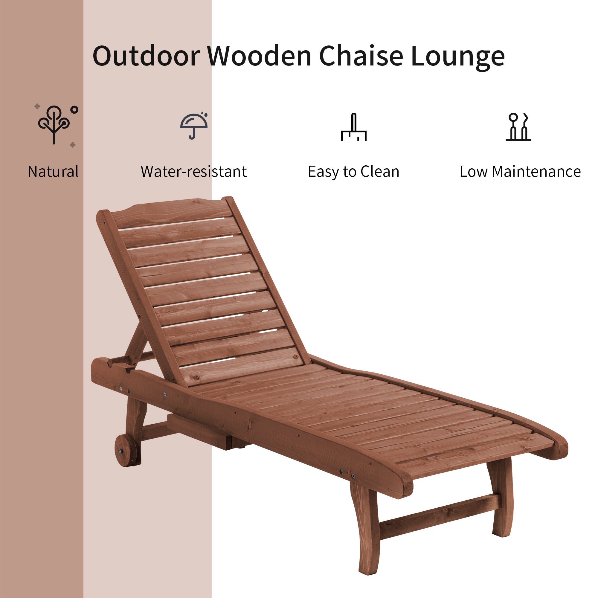 Kozy Outdoor Wooden Lounger Chair, Sun Bed with Built-In Table, Adjustable Backrest and Wheels, Red Brown