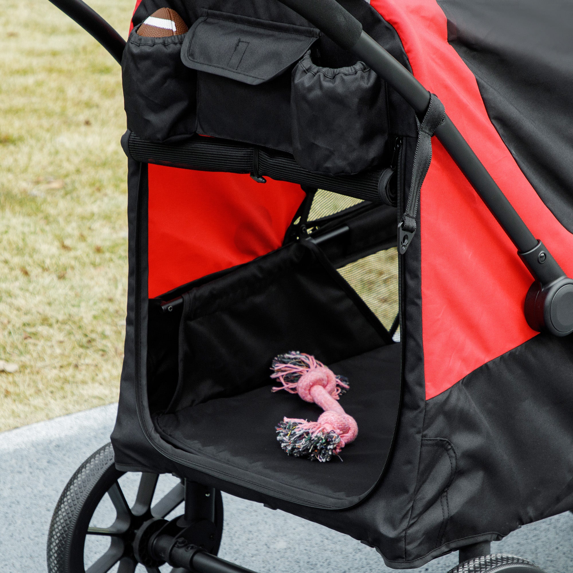 Kozy - Foldable Pet Stroller for Large Dogs with Four Big Wheels, Shock-Absorbing Frame, Safety Leashes, Brakes, Red/Black