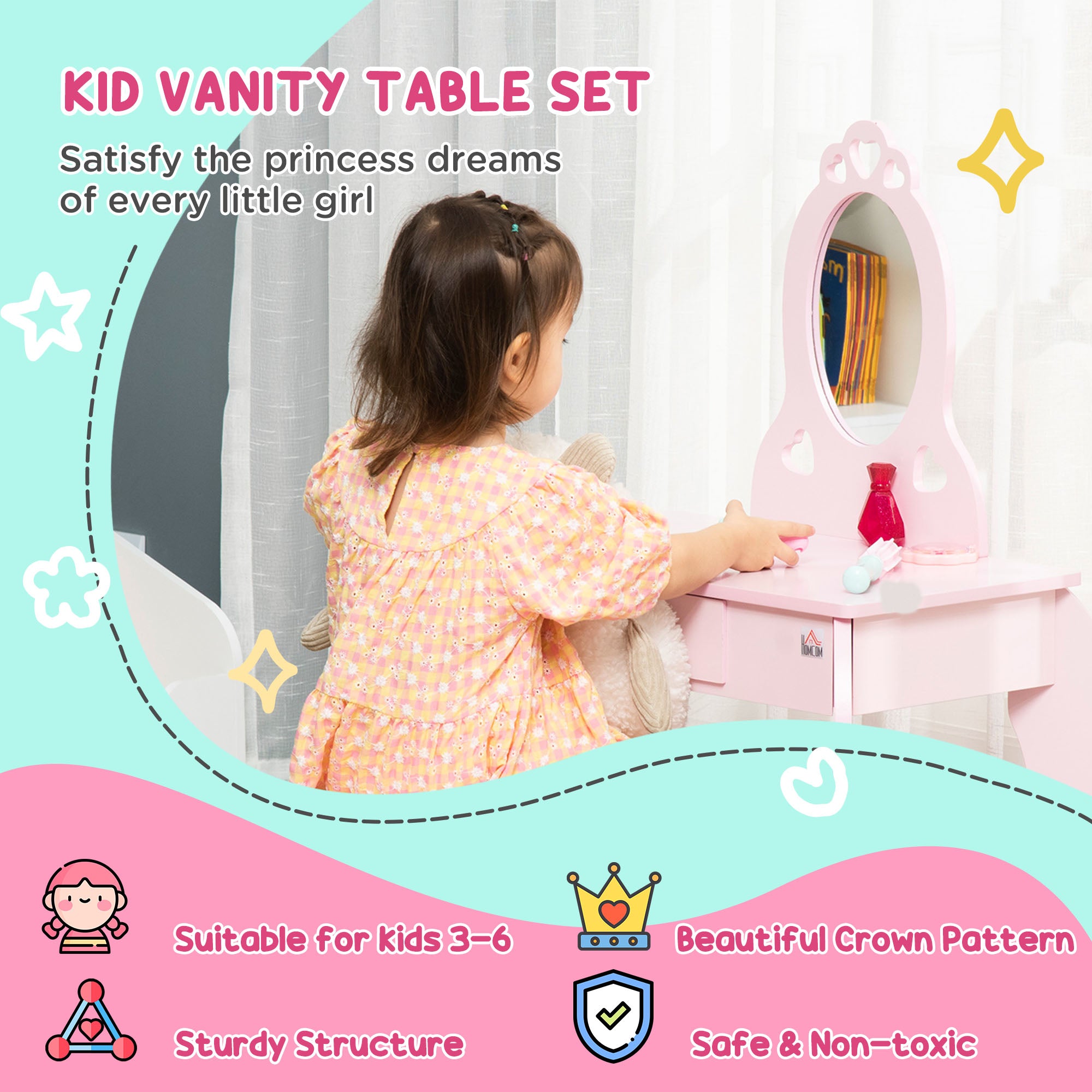 Kozy Kids Vanity Table & Stool Girls Dressing Set Make Up Desk Chair Dresser Play Set with Mirror Pink