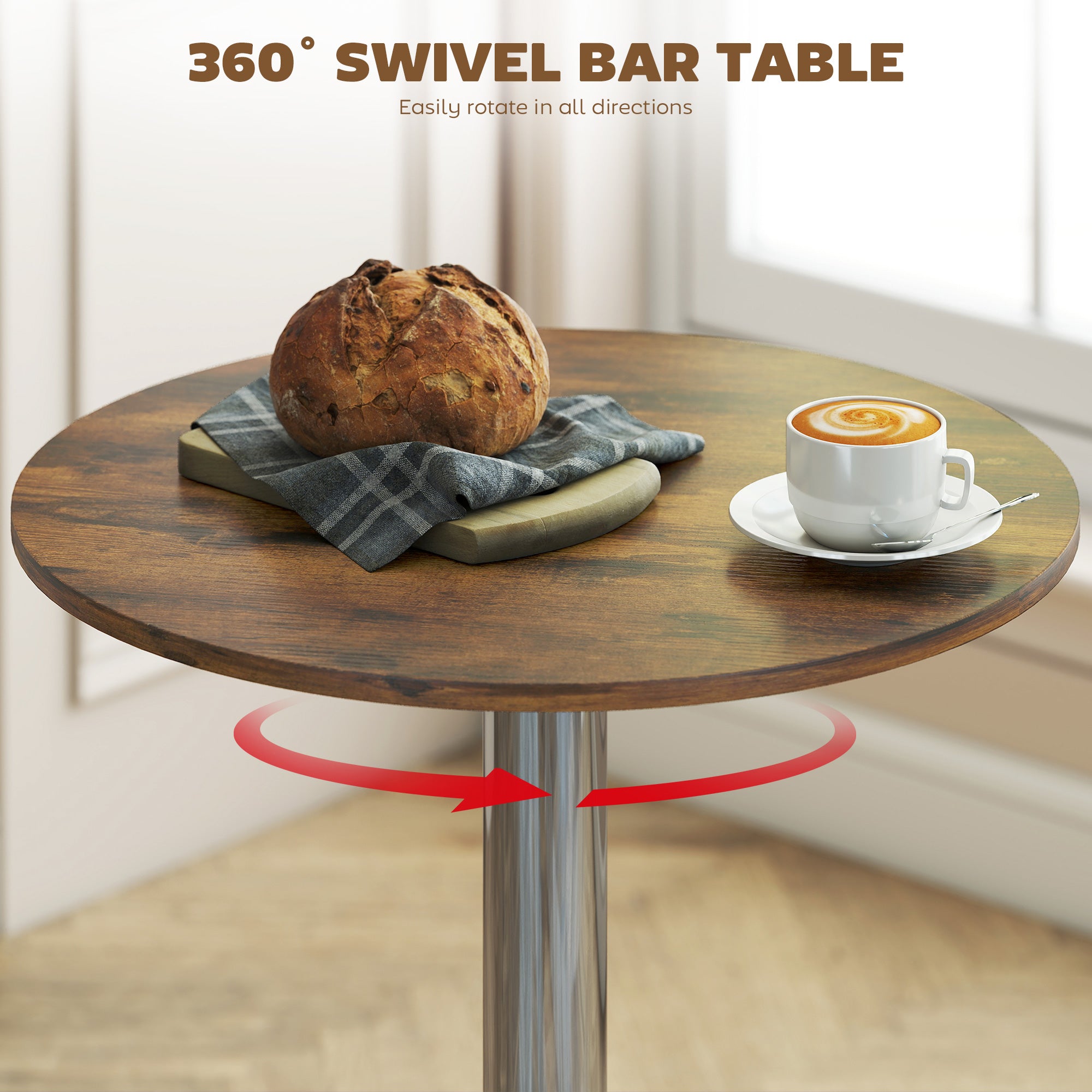 Kozy Round Bar Table, 360 Degree Swivel Counter Pub Table with Adjustable Height, for Kitchen, Cafe, Rustic Brown