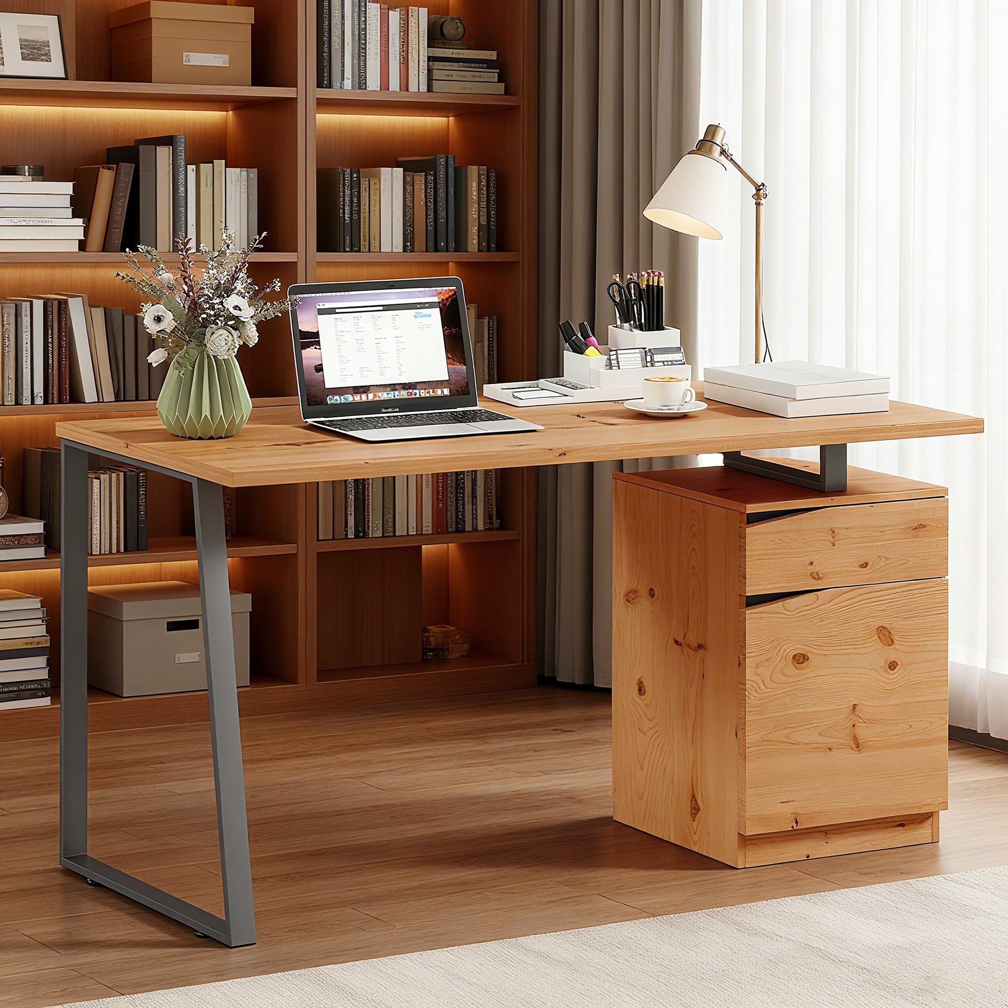 Kozy Computer Desk, Writing Desk with Cabinet, Drawer, Metal Legs, Work Table for Home Office Study, Natural Wood Finish