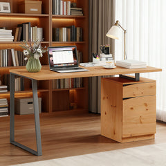 Kozy Computer Desk, Writing Desk with Cabinet, Drawer, Metal Legs, Work Table for Home Office Study, Natural Wood Finish