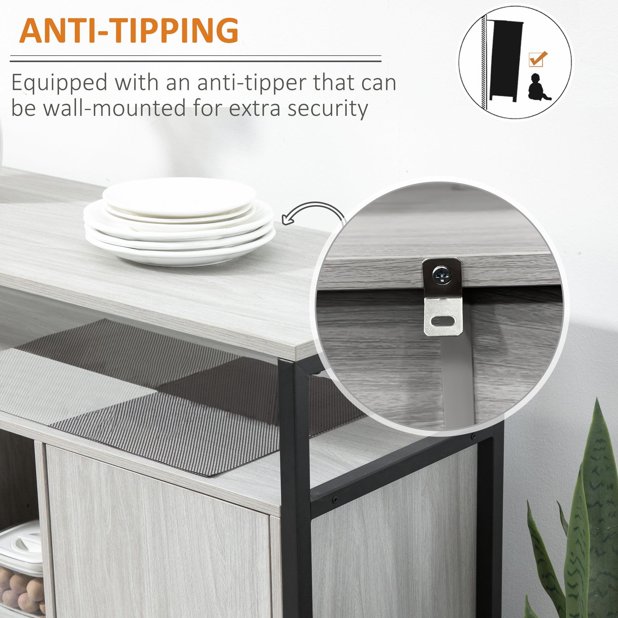 HOMCOM Contemporary Sideboard: Steel-Framed Storage Cabinet with Adjustable Shelves, 2 Doors, Light Grey, for Living Room & Hallway | Aosom UK