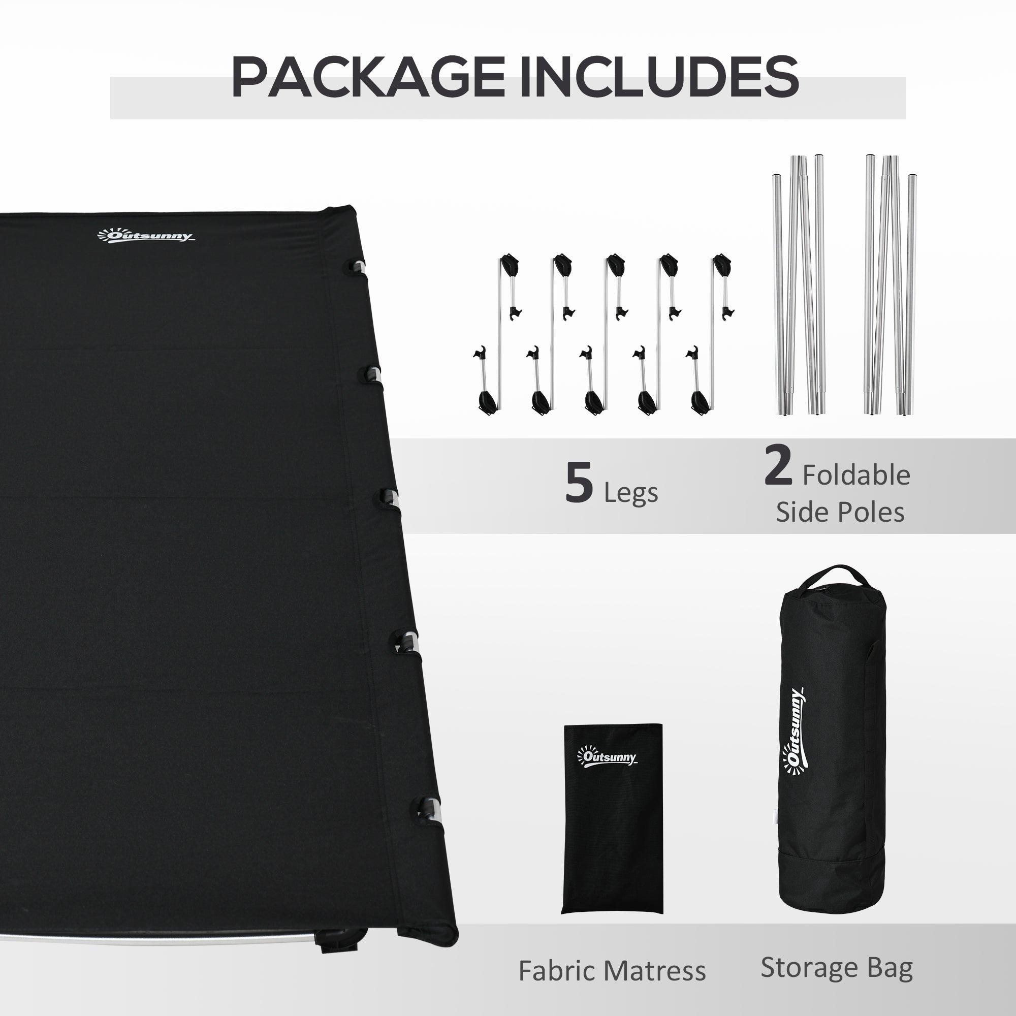 Kozy Lightweight Camping Bed, Aluminium Portable Camp Cot w/ Strong Support 150kg and Carry Bag for Camping, Black