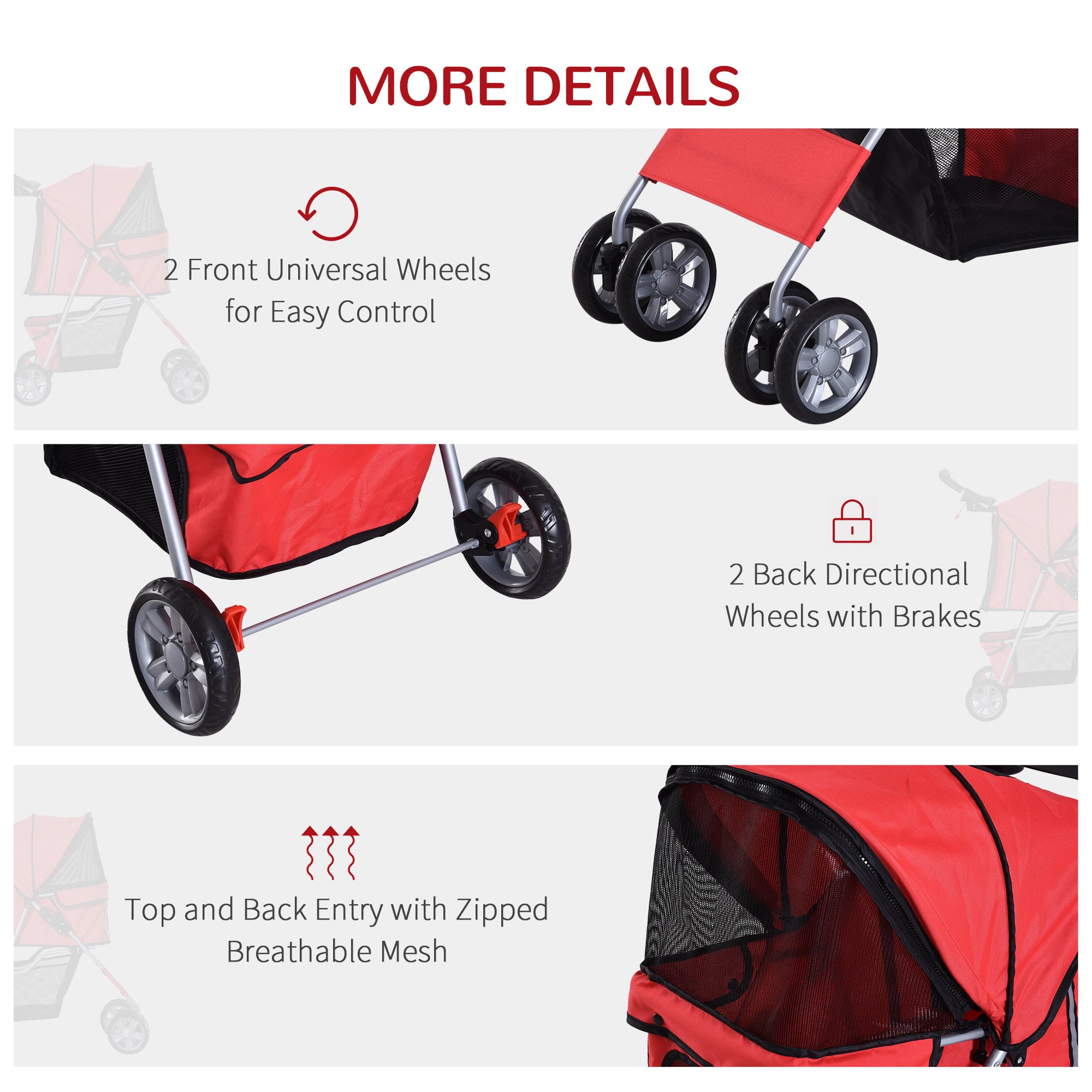 PawHut Pet Stroller, Dog Pram, Foldable Pushchair, Cat Travel Carriage with Wheels, Zipper Entry, for Small Pets, Red