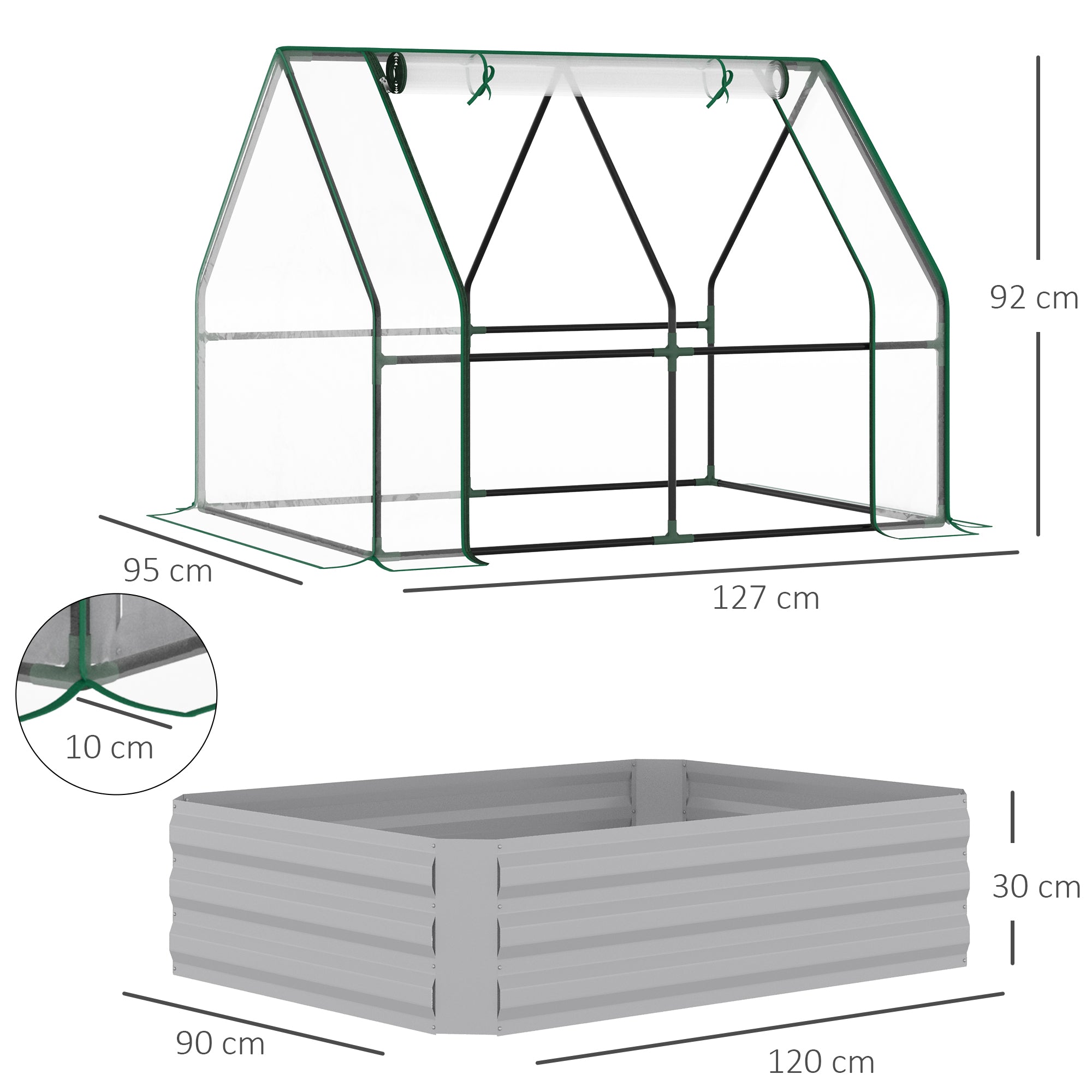 Kozy Raised Garden Bed with Greenhouse, Steel Planter Box with Plastic Cover, Roll Up Window, Dual Use for Flowers, Vegetables, Fruits and Herbs, 127L x 95W x 92H cm, Clear