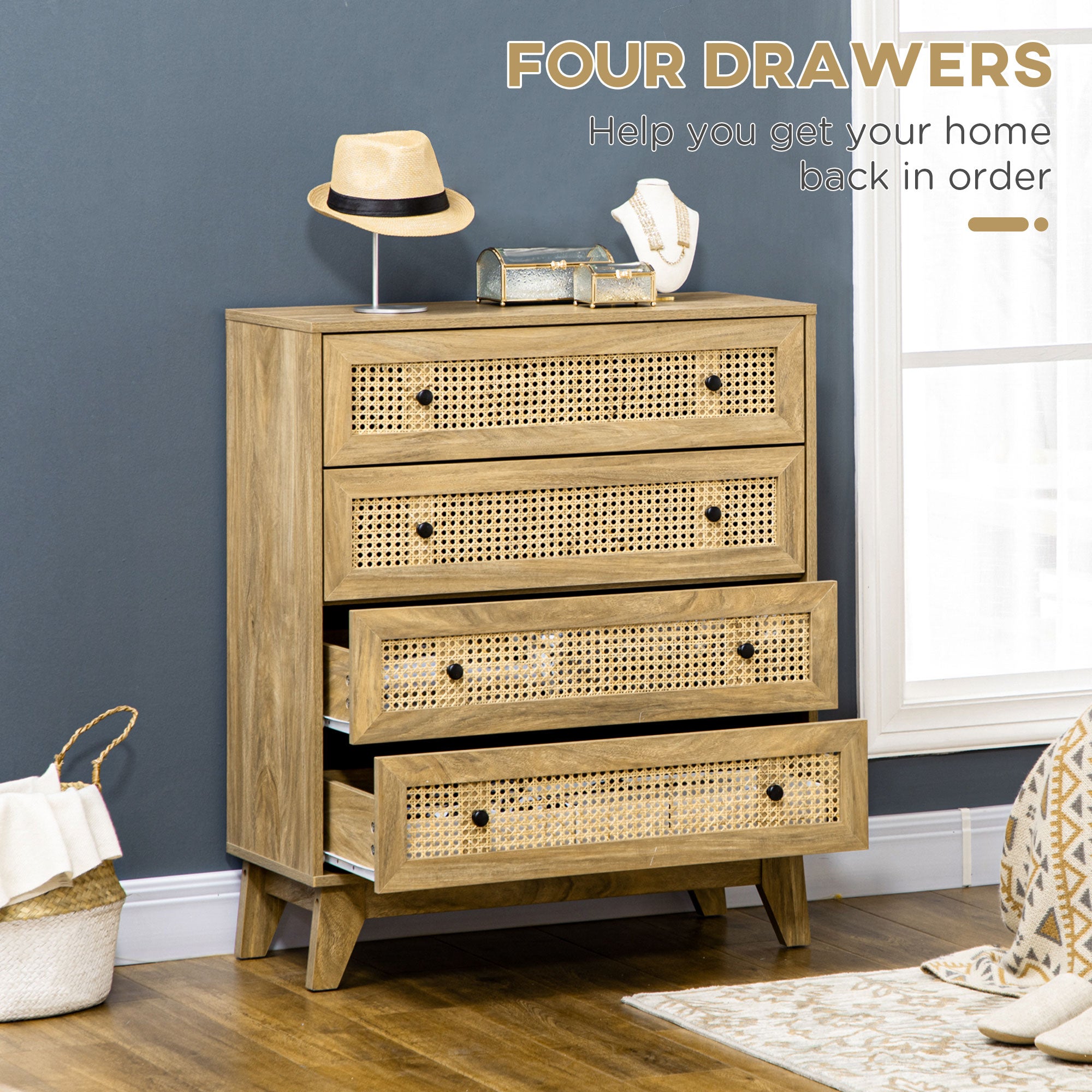 Kozy Storage Cabinet, 4-Drawer Unit with Rattan Element for Bedroom, Living Room, 80cmx35cmx95cm, Wood Effect