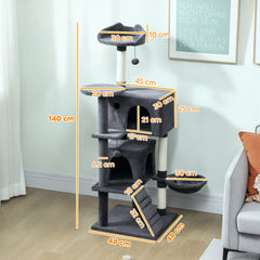 Kozy 140cm Large Cat Tree Tower with Sisal Scratching Posts, Cat Houses, Plush Perches, Hammock, Ladder, Dark Grey