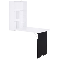 Kozy Folding Wall-Mounted Drop-Leaf Table, Convertible Wall Table With Chalkboard and Storage Shelf, Multifunctional Floating Desk for Home Office, White