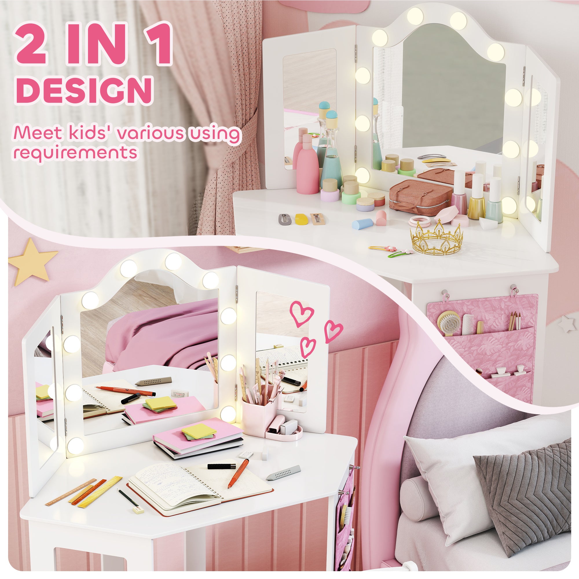 Kozy Kids Dressing Table and Stool Set, Girls Vanity Table with 2-Colour LED Lights, Tri-Folding Mirror, White