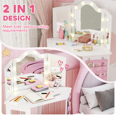 Kozy Kids Dressing Table and Stool Set, Girls Vanity Table with 2-Colour LED Lights, Tri-Folding Mirror, White