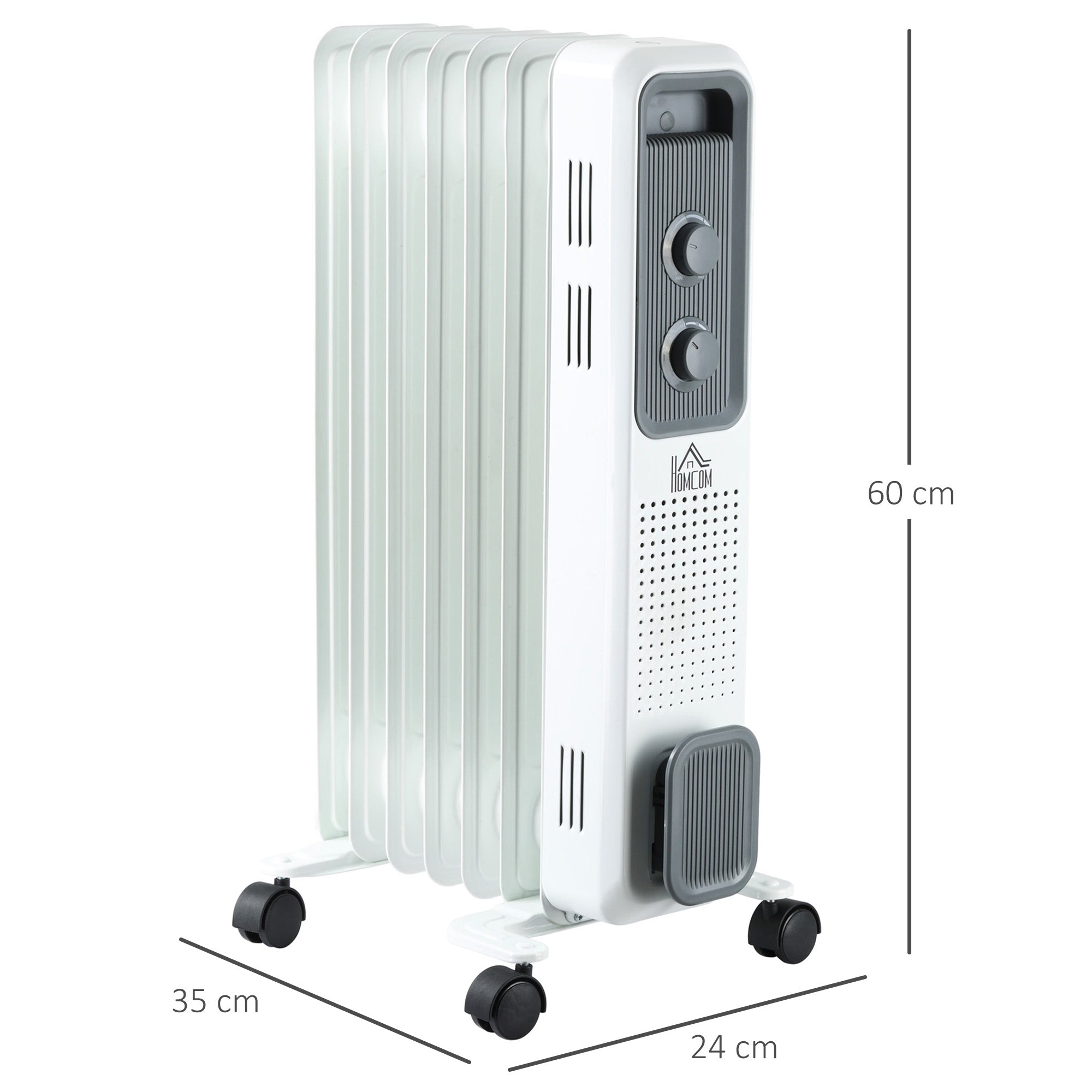 Kozy 1500W Oil Filled Radiator, 7 Fin, Portable Electric Heater with 3 Heat Settings, Safety Cut-Off and Wheels, White