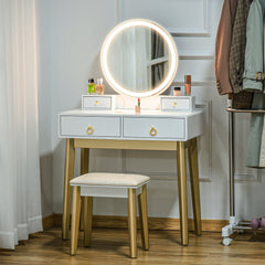 Kozy Dressing Table Set with Mirror, Built-in 3 Color LED Light, Vanity Makeup Table with 4 Drawers and Cushioned Stool for Bedroom, White