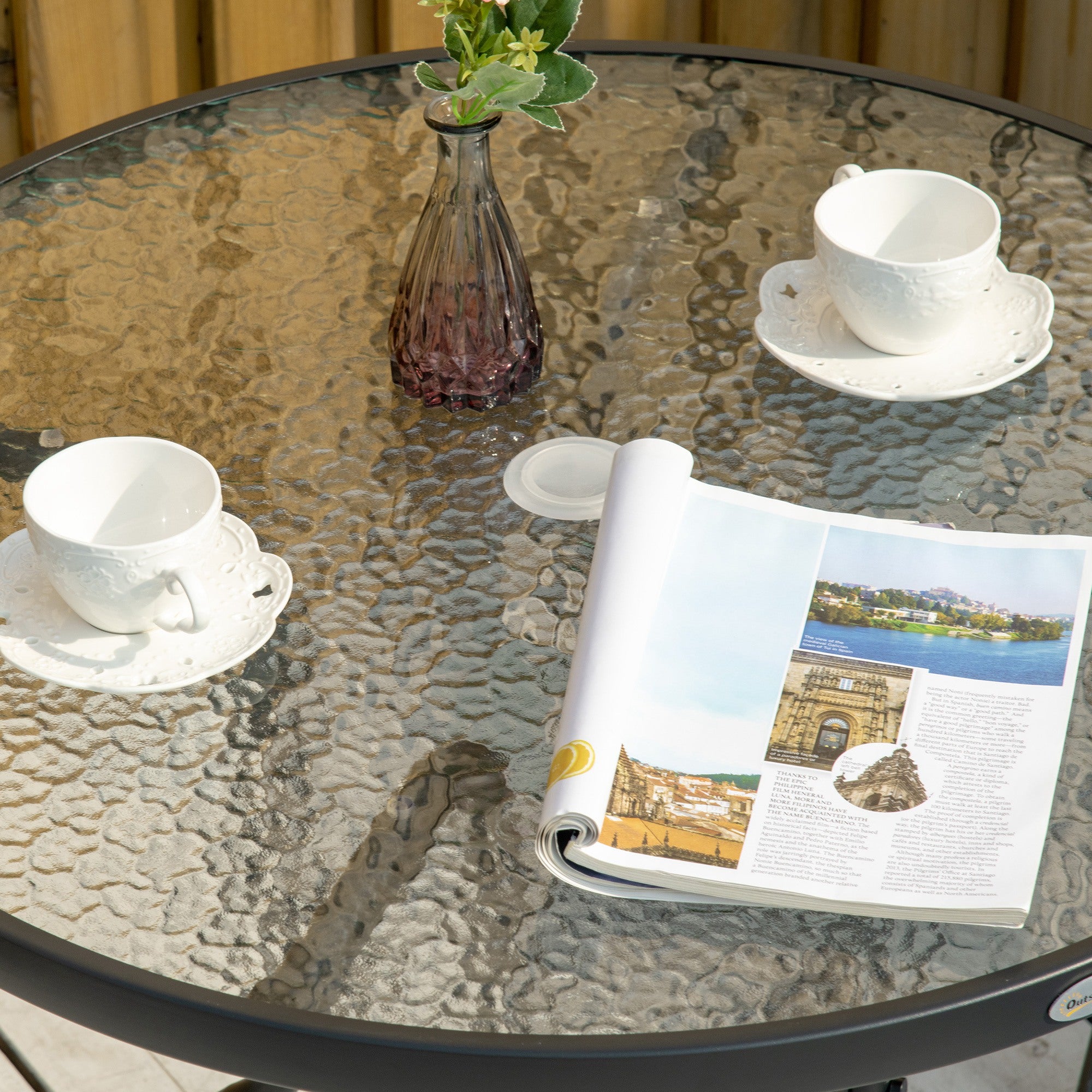 Kozy Outdoor 80cm Round Dining Table Tempered Glass Top Steel Frame Bistro Coffee End Side Table Garden w/ Parasol Hole