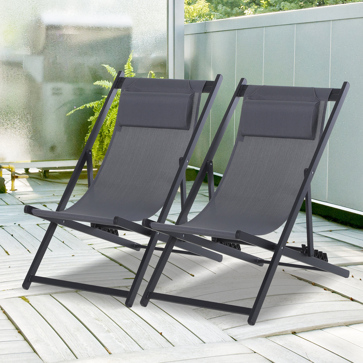 Outsunny Set of 2 Folding Garden Beach Deck Chairs Deckchairs Seaside Folding Garden Patio Lounger, Grey