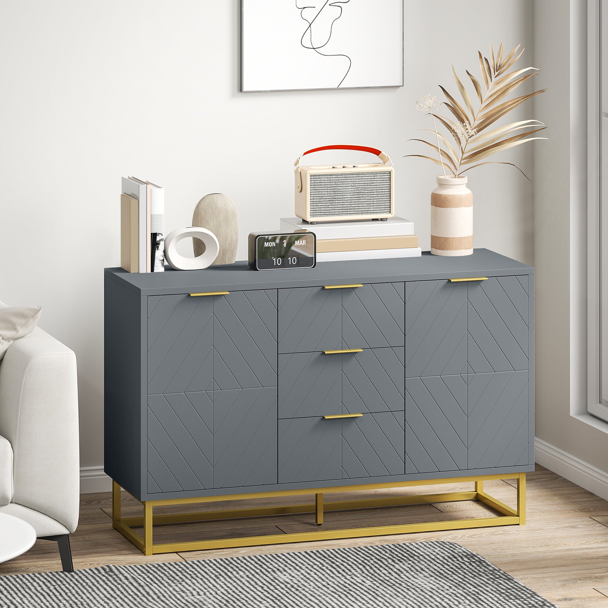 Kozy Sideboard with 3 Drawers and Adjustable Shelves for Living Room - Grey