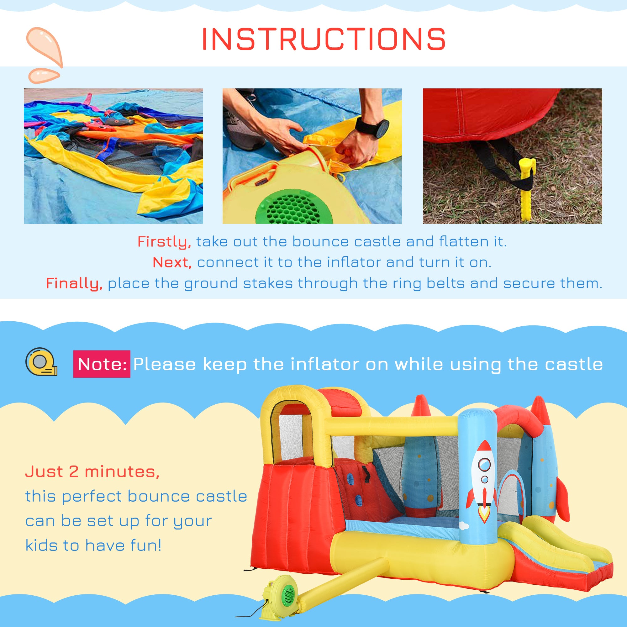 Kozy Bounce Castle Inflatable Trampoline Slide Pool Rocket Design 3.4 x 2.8 x 1.85m