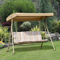 Outsunny 3 Seater Garden Swing Chair Patio Rocking Bench w/ Tilting Canopy, Removable Cushion, Light Brown Top, Brown