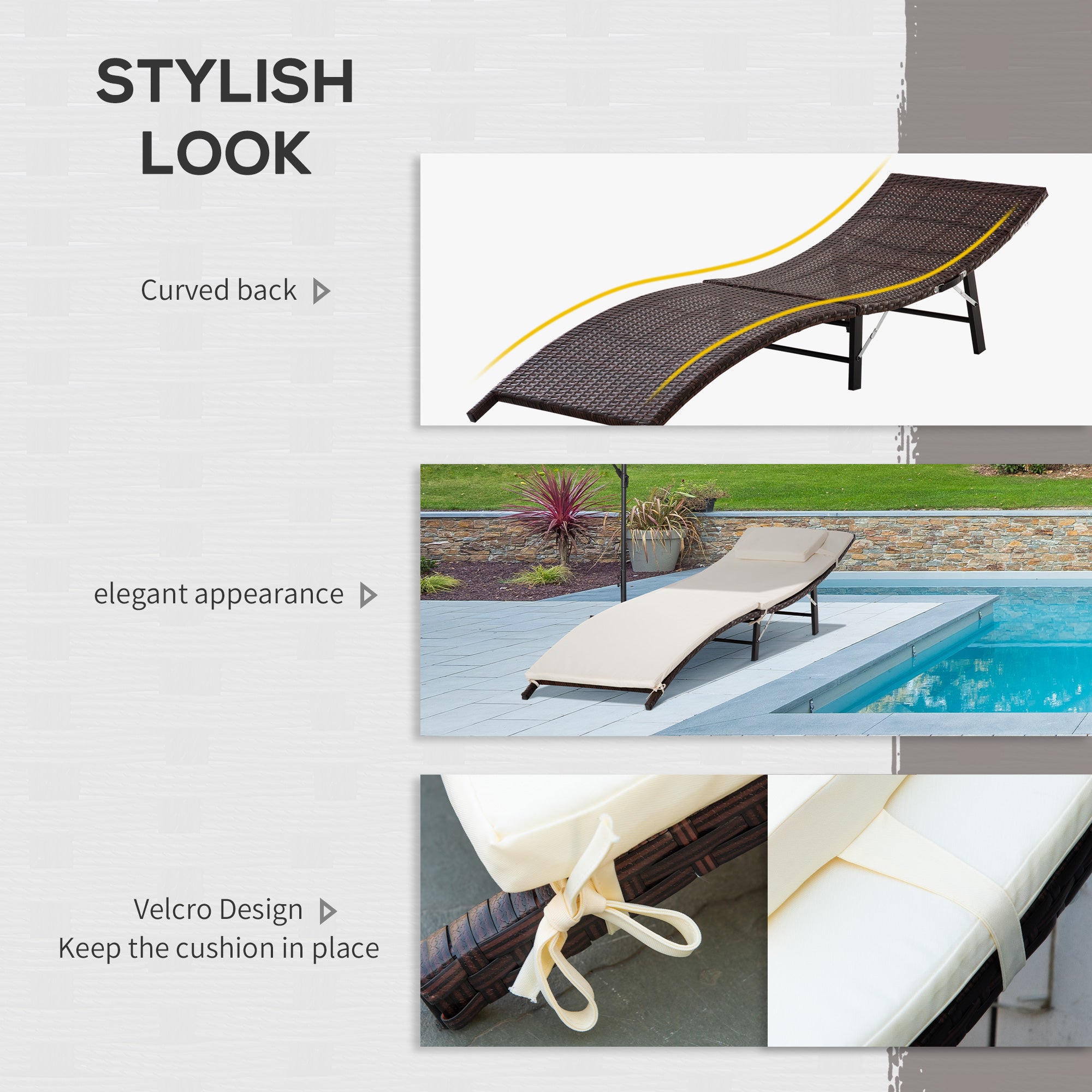 Kozy Rattan Folding Sun Lounger Outdoor Chair with Cushion and Pillow Cream White