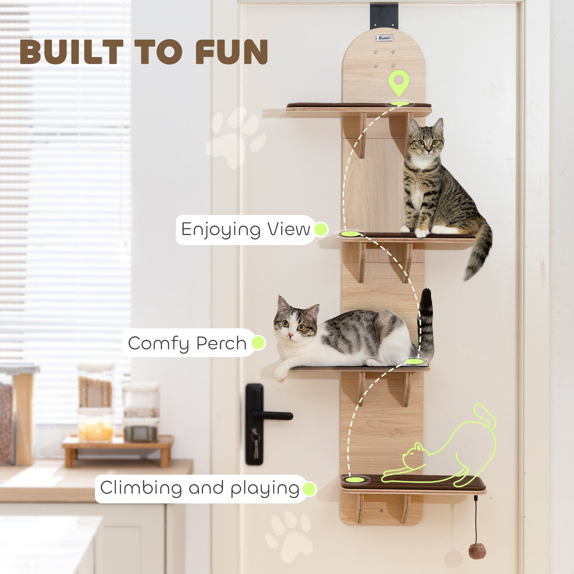 Kozy - 4-Level Door Mounted Cat Tree with Washable Plush Mats, Toy Balls, Door Hanging Cat Shelf for Indoor Cats
