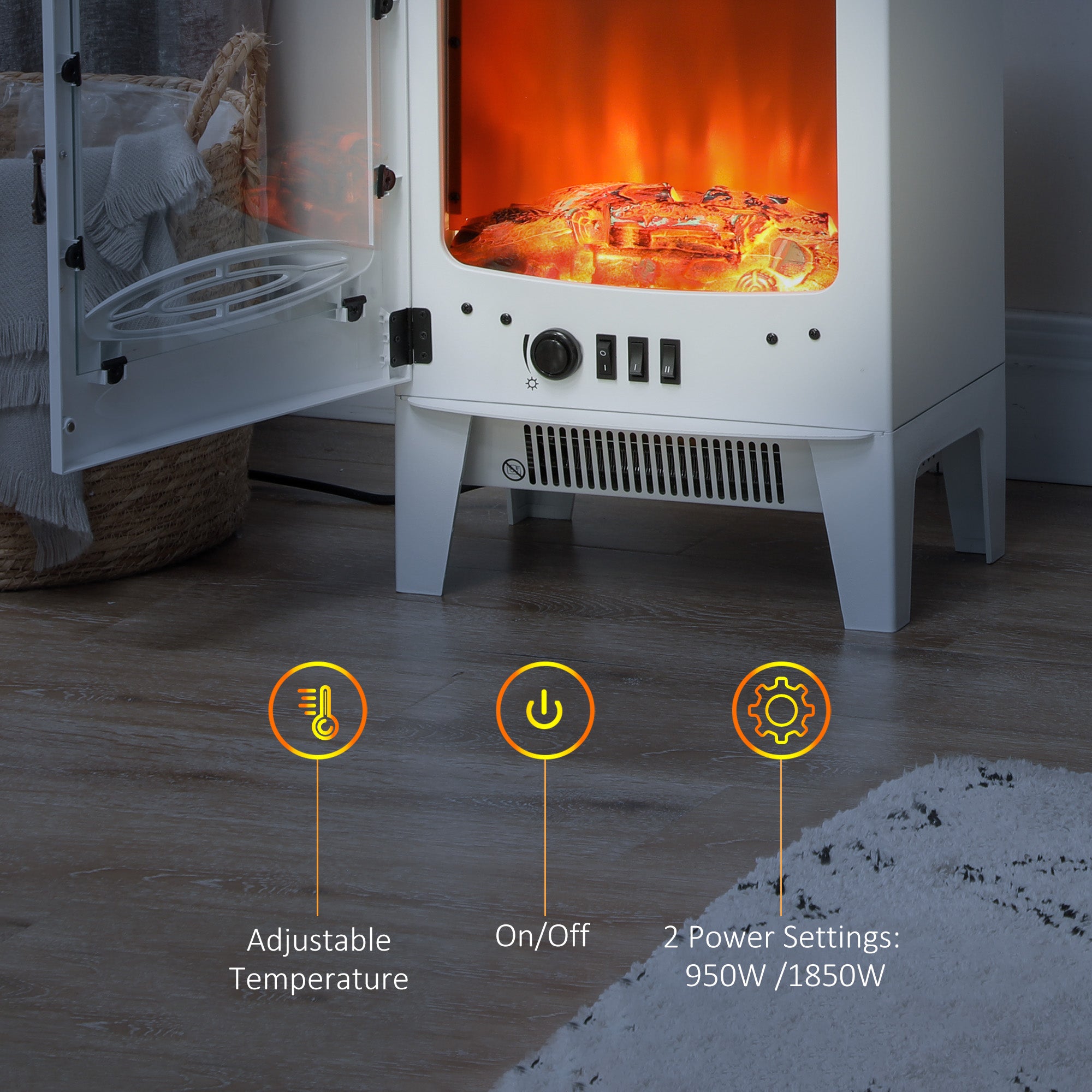 Kozy - Tempered Glass Casing Electric Fireplace, Freestanding Electric Fire with Realistic Flame Effect, Log Burner with Overheat Protection, 950w/ 1850W, White