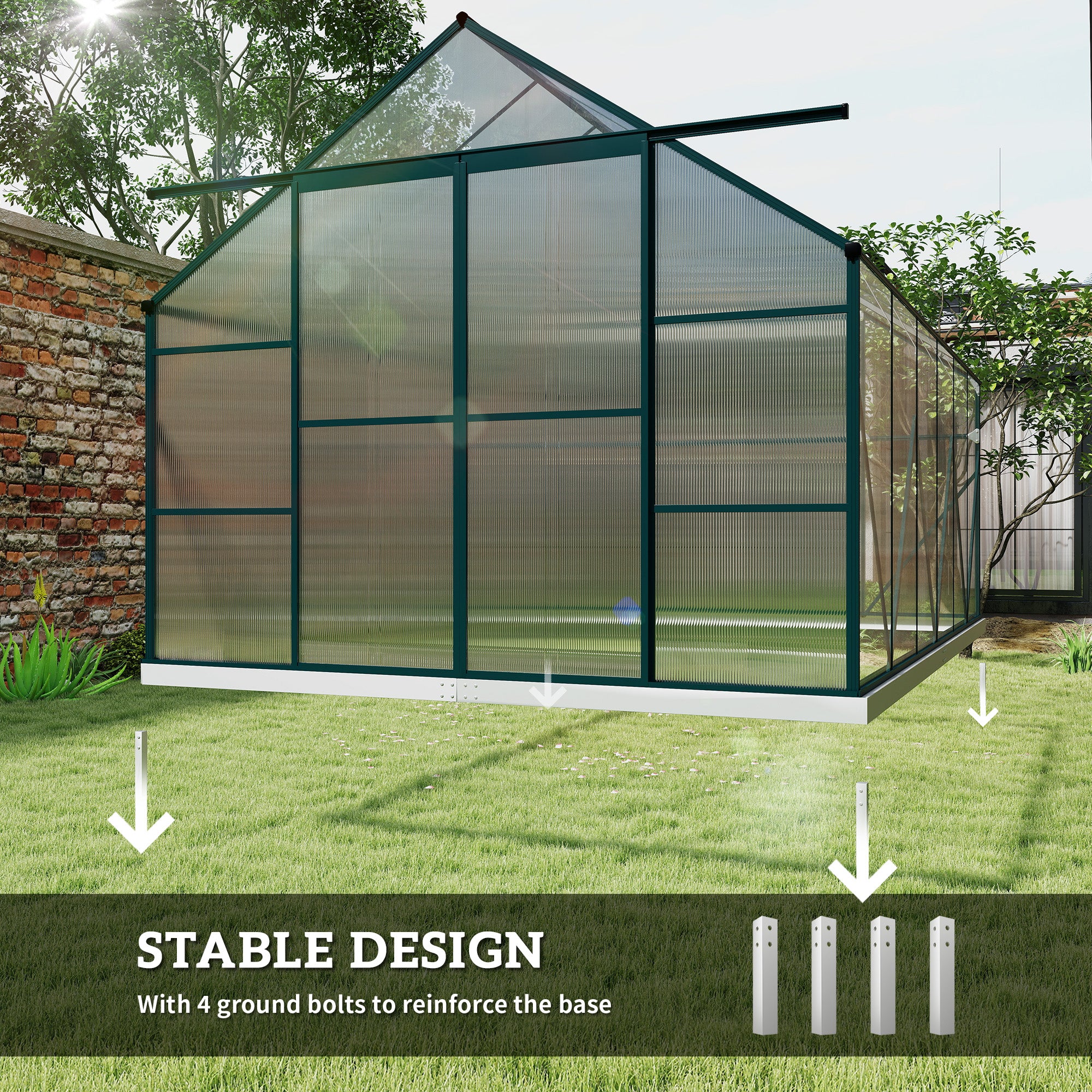 Kozy 8 x 12ft Aluminium Greenhouse Polycarbonate Walk-in Garden Greenhouse Kit with Adjustable Roof Vent, Double Sliding Door, Rain Gutter and Foundation, Clear