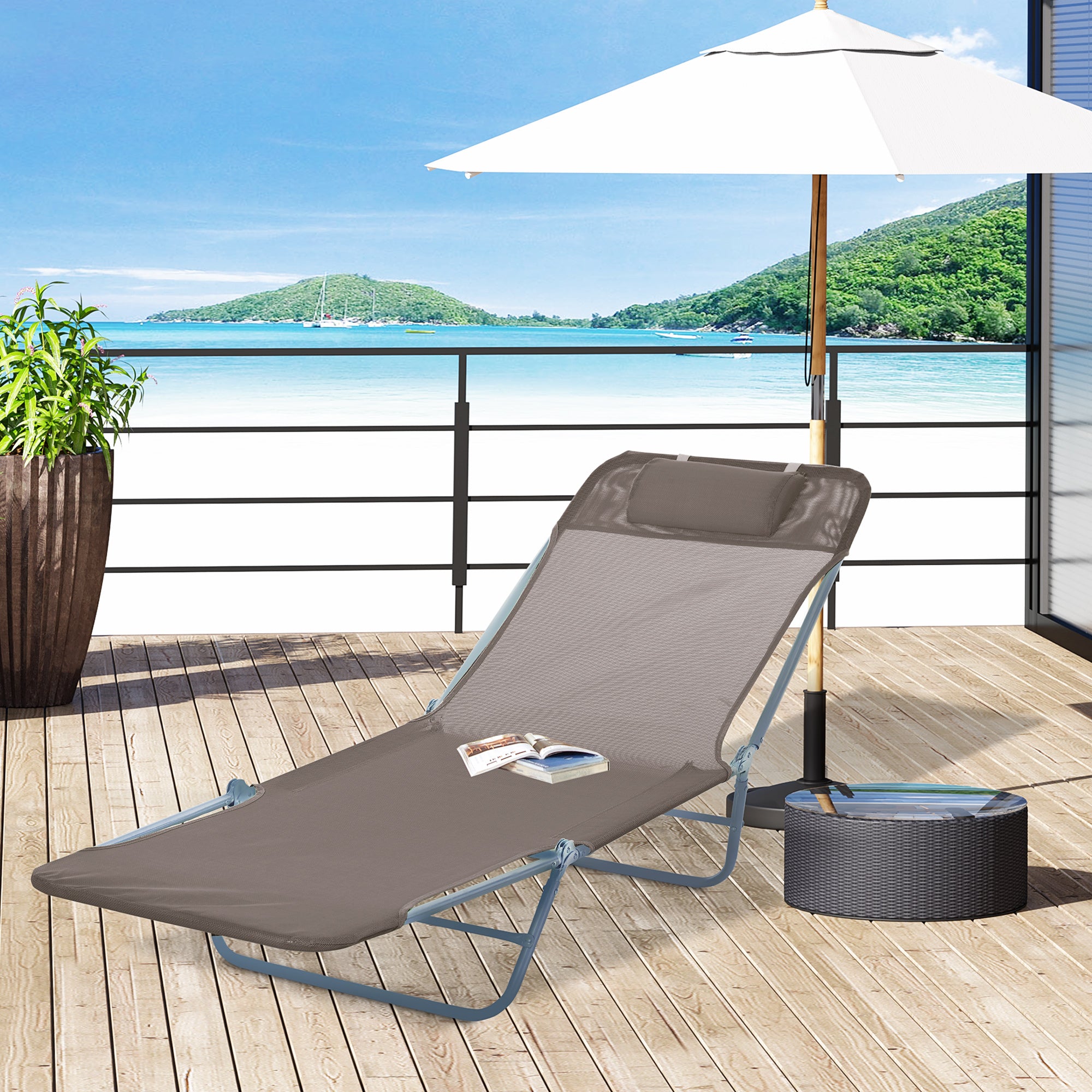 Outsunny Garden Lounger Recliner Adjustable Back Sun Bed Chair, Relaxer Furniture with Coffee Finish