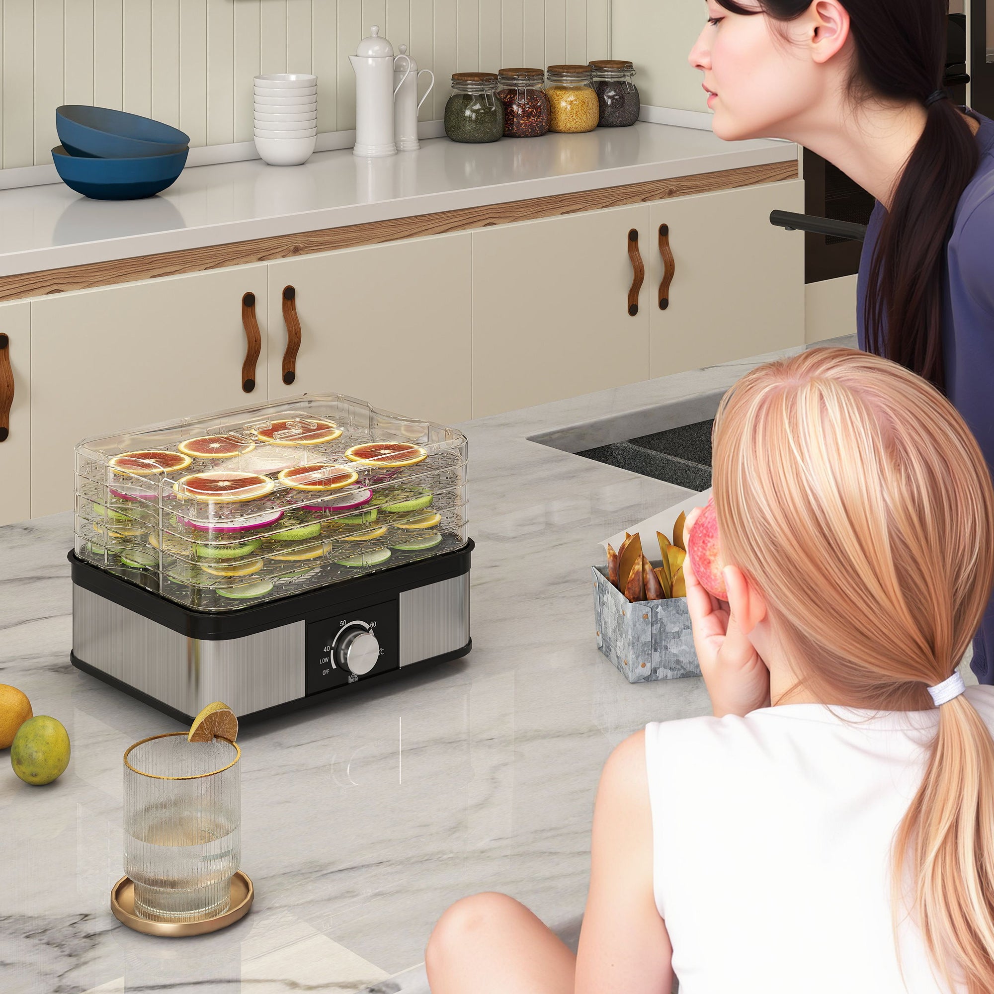 Kozy - 5 Tier Food Dehydrator, 245W Stainless Steel Food Dryer Machine with Adjustable Temperature for Drying Fruit, Meat, Vegetable, Jerky and Pet Treat, Black