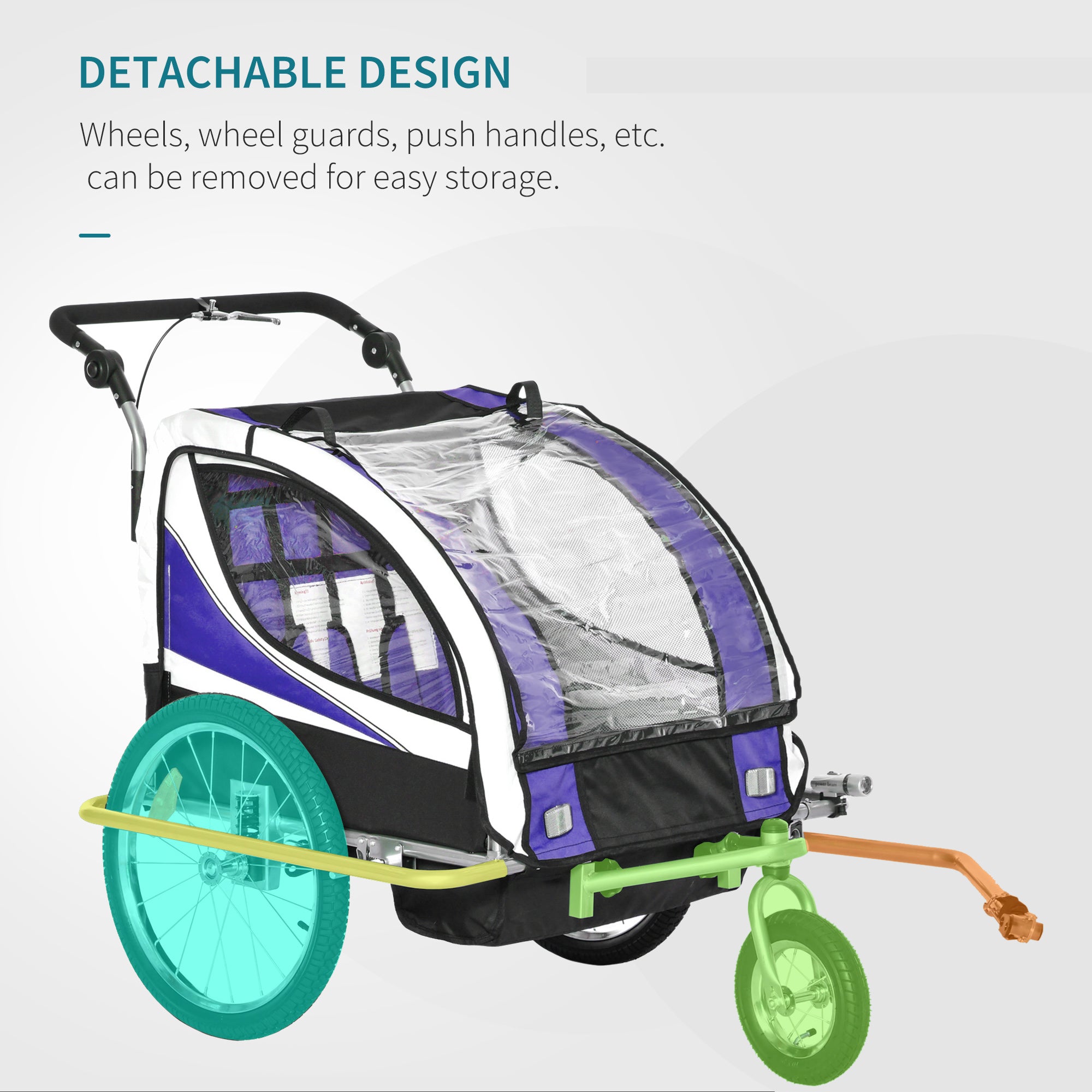 HOMCOM Child Bike Trailer Baby Bicycle Trailer 360° Rotatable for 2 Kids with Steel Frame LED Purple