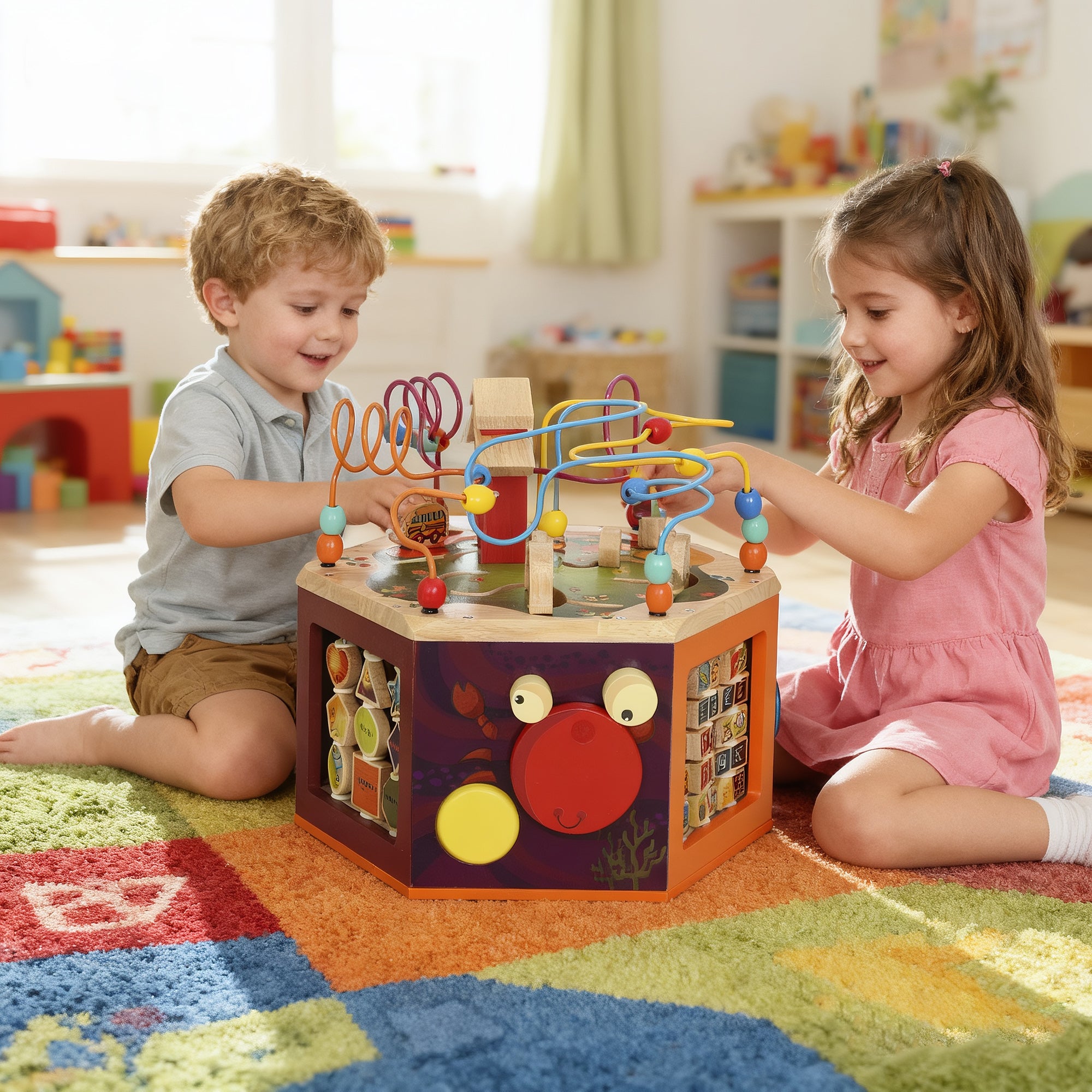 Kozy 8 in 1 Wooden Activity Cube with Bead Maze, Shape Sorter, for Kids Boys Girls 18+ Months