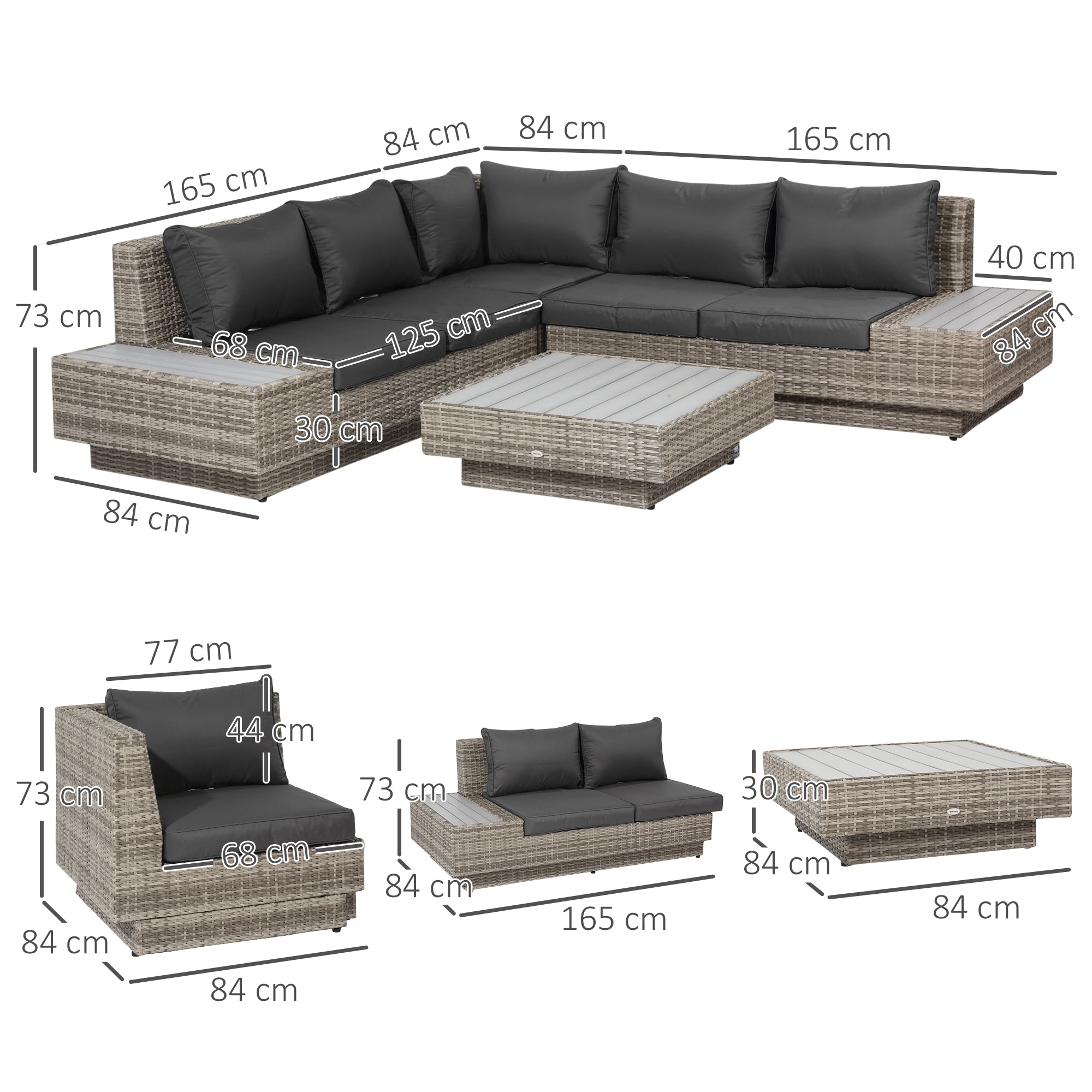 Kozy 4 PCs Rattan Garden Furniture Outdoor Sectional Corner Sofa and Coffee Table Set  Conservatory Wicker Weave Furniture with Armrest and Cushions - Light Grey