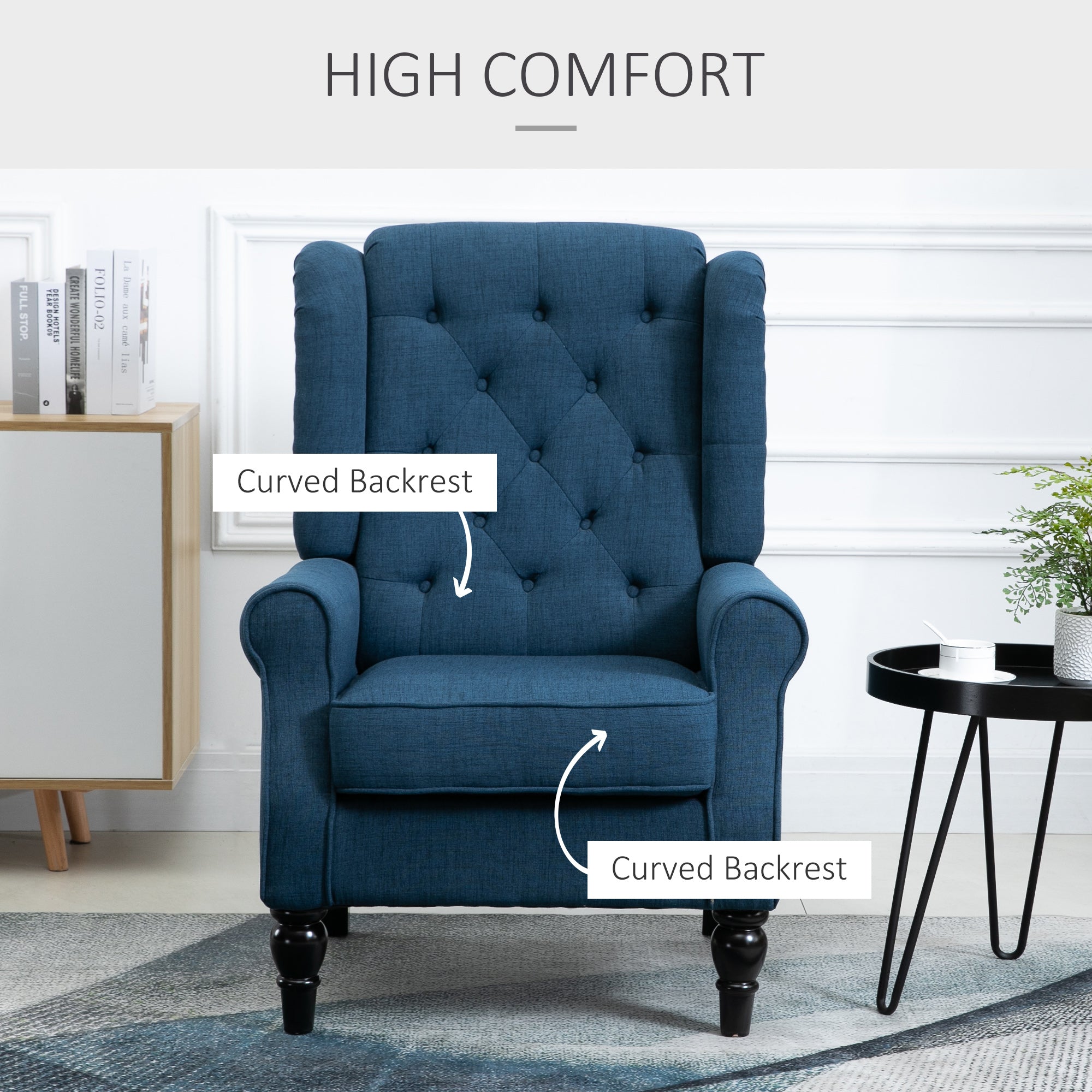 Wingback Accent Chair, HOMCOM Retro Upholstered Button Tufted Occasional Chair for Living Room and Bedroom, Blue | Aosom UK