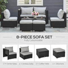 Kozy 8 Pieces PE Rattan Sofa Set with Cushions, Garden Corner Sofa with 4 Seater Sofa, 2 Footstools and 2 Coffee Table Set, Space-saving Design, No Assembly Required, Black