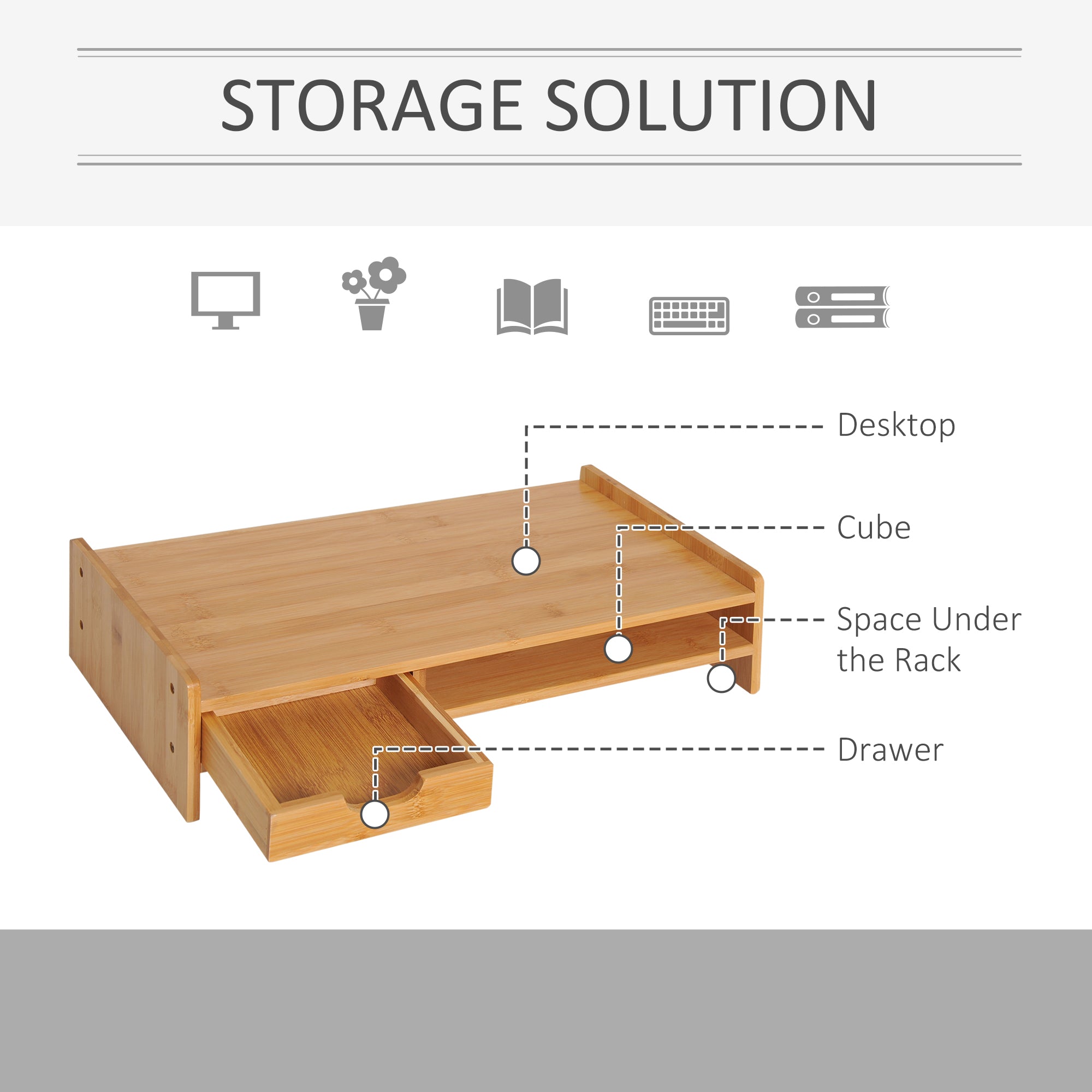 HOMCOM Laptop and Screen Stand PC Plinth Stand TV Computer Desktop Organiser W/Drawer Bamboo