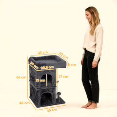 Kozy - 66 cm Small Cat Tree for Large Cats, Cat Tower w/ Large Top Perch, 2 Condos, Sisal Scratching Post, Toy Ball, Dark Grey