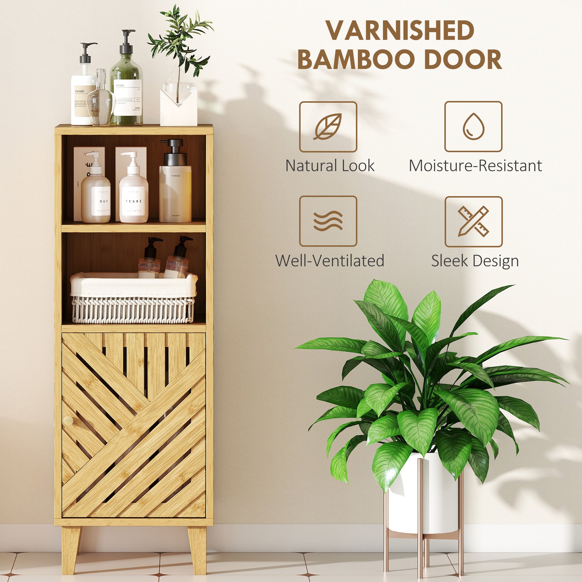 Kozy - Slim Bathroom Cabinet with Bamboo Door and Legs, Narrow Bathroom Storage Cabinet, Freestanding Storage Cupboard with Open Compartments, 32 x 30 x 90 cm, Natural Wood Finish