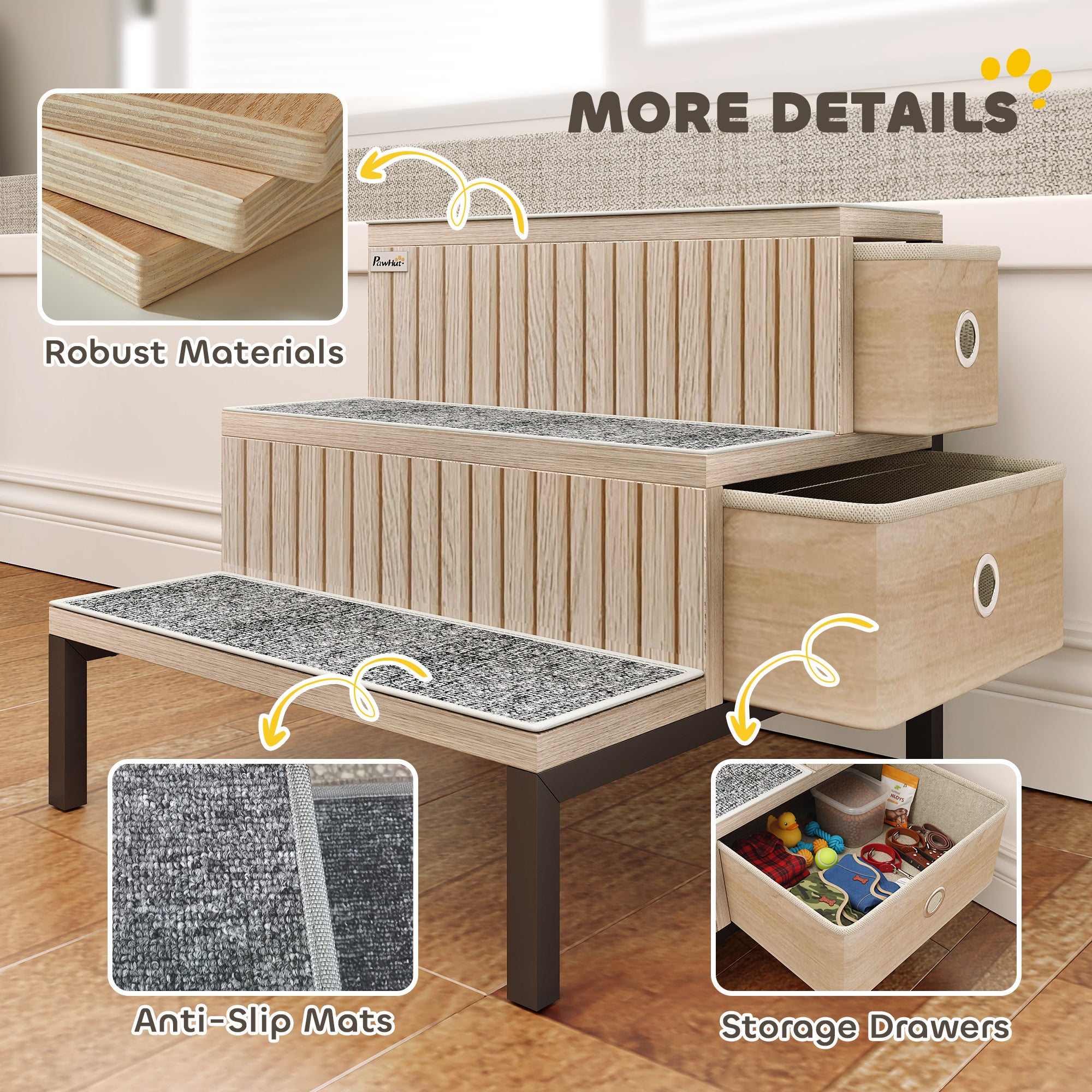 Kozy Dog Stairs with Storage, Non-Slip Cover, Pet Steps for Small Dogs & Older Cats, for Sofa, High Bed, Oak Tone