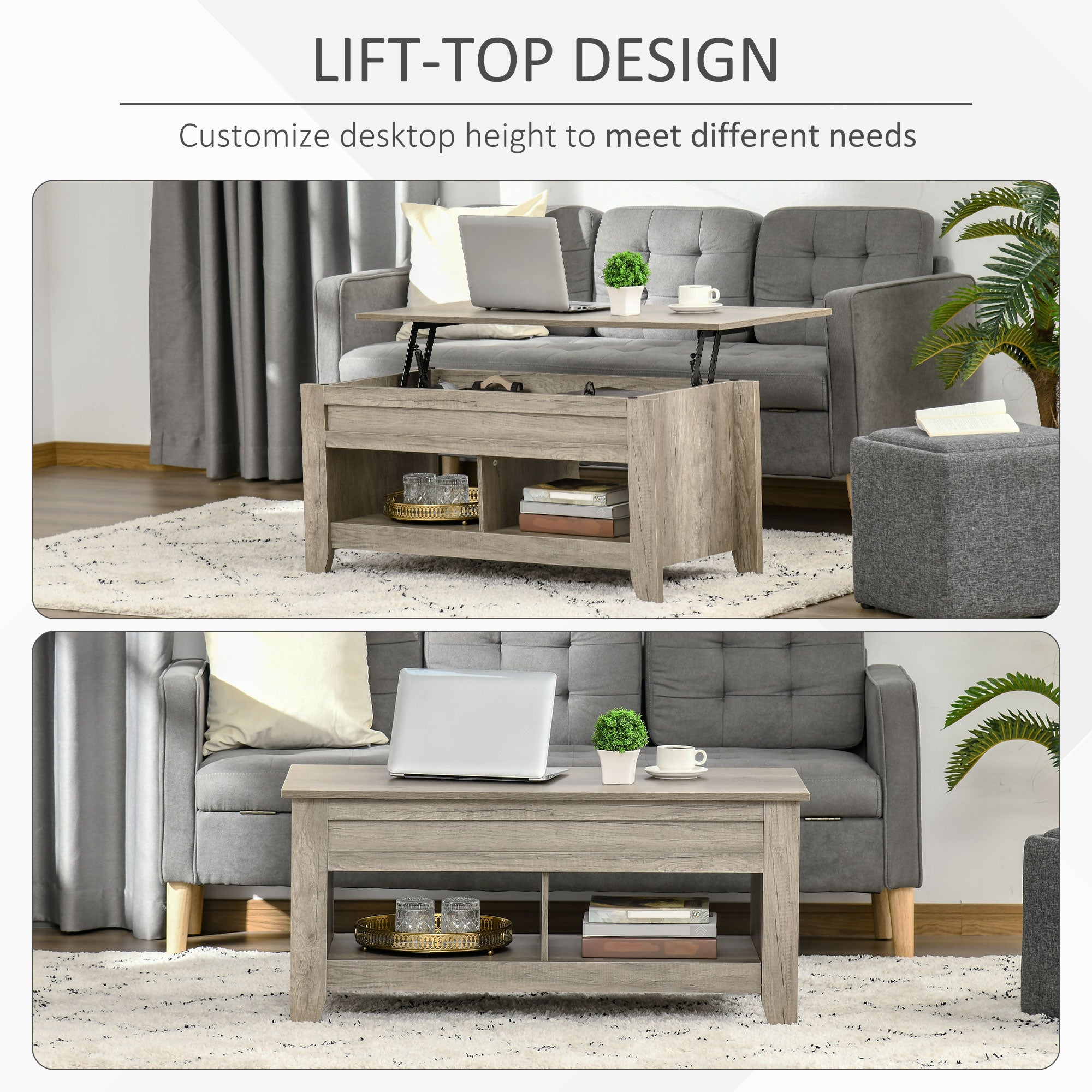 Kozy Lift Top Coffee Table w/ Hidden Storage Compartment Open Shelves Lift Tabletop Pop Up Centre Table for Living Room Oak Effect