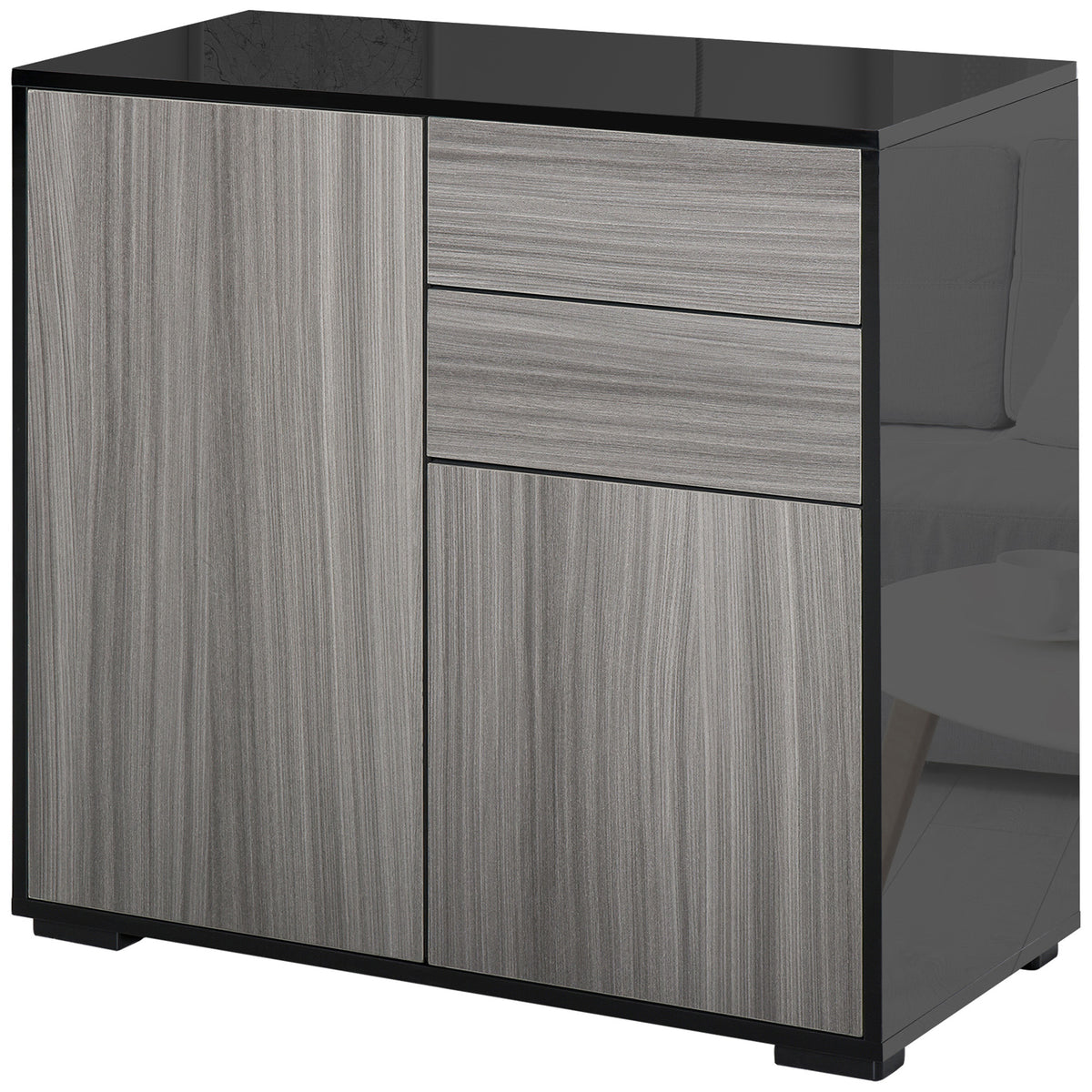 Kozy High Gloss Frame Sideboard, Push-Open Design with 2 Drawer for Living Room, Bedroom, 74H x 79W x 36Dcm, Light Grey and Black