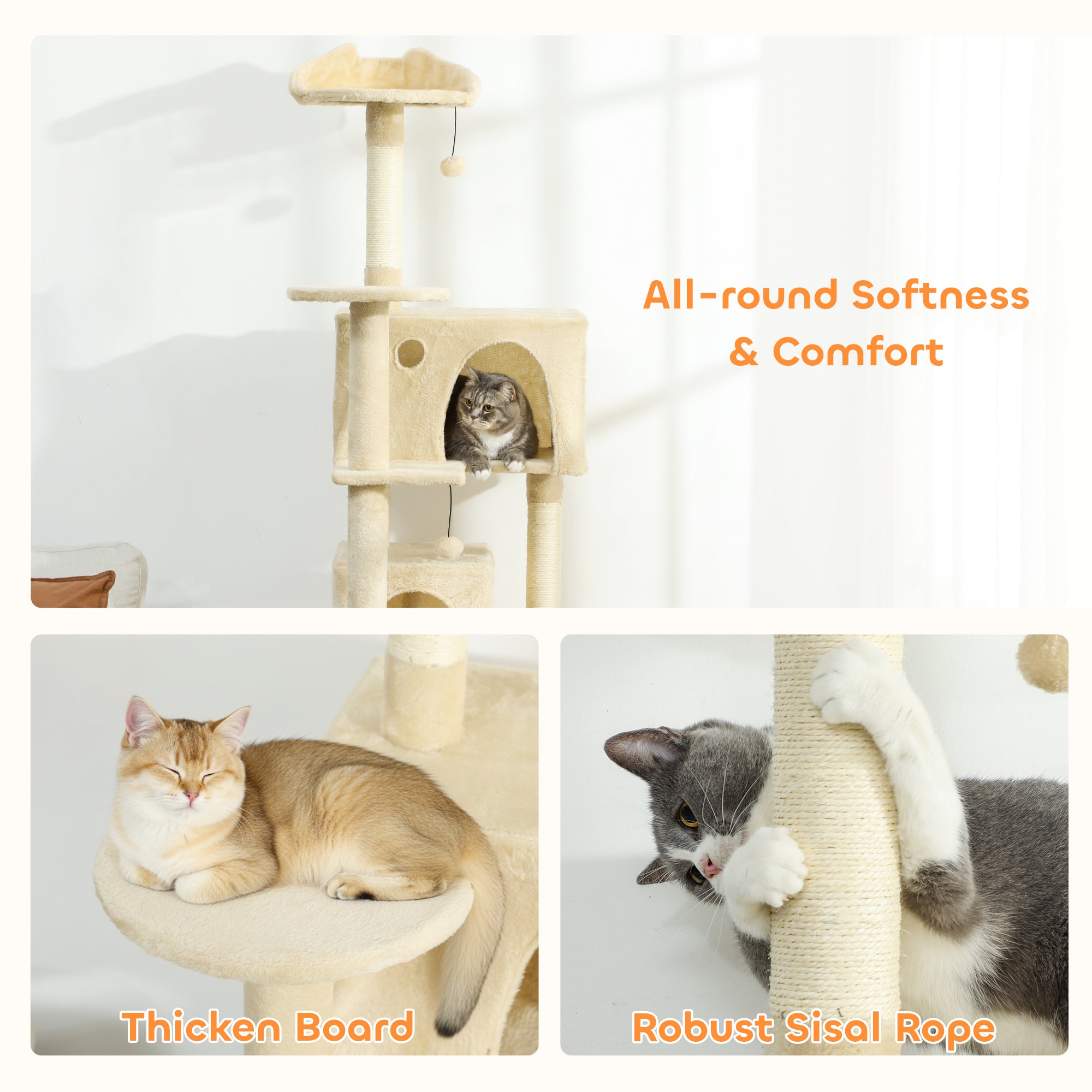 Kozy 180cm Large Cat Tree Tower with Sisal Scratching Posts, Condos, Plush Perches, Hammock, Ladder, Beige