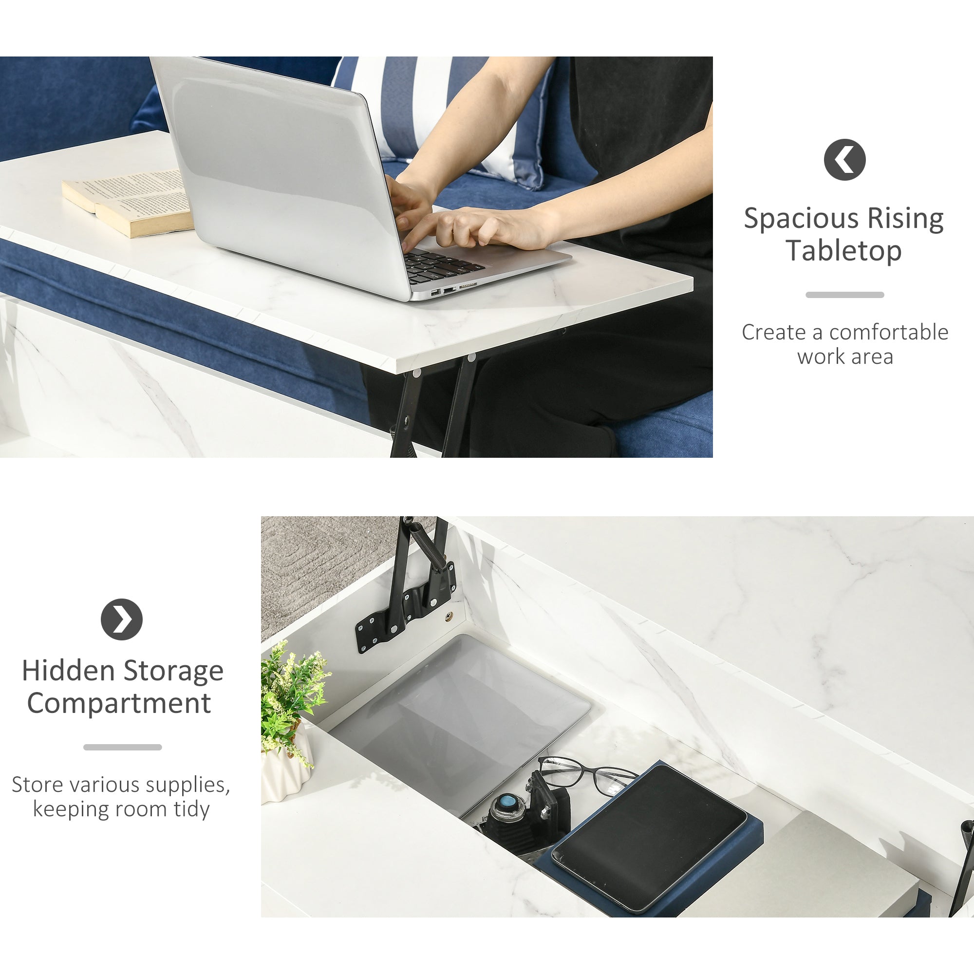 Kozy Modern Lifting Coffee Table with Hidden Compartment, Storage Coffee Table for Living Room, Faux Marble White