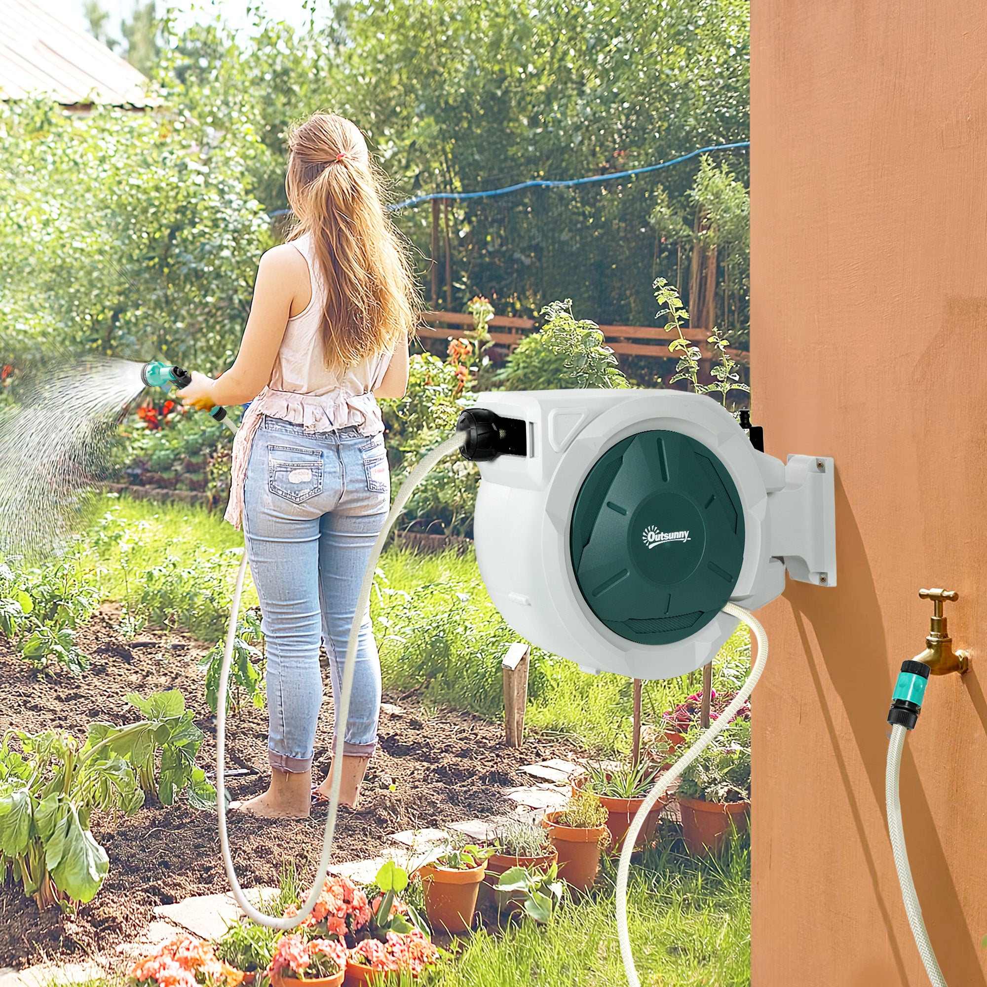 Kozy - Retractable Hose Reel Wall Mounted, 20+2m Garden Hose Pipe Reel with Lock, Auto Rewind, 7 in 1 Spray Nozzle, Includes Wall Fixings, 180° Swivel, Outdoor Watering, Light Grey
