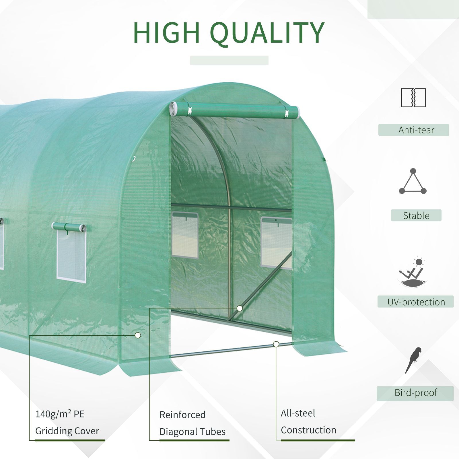 Kozy 4 x 2 x 2 m Polytunnel Greenhouse with Roll-up Door and 6 Mesh Windows, Walk-in Garden Tunnel Warm House Tent with UV-resistant PE Cover and Galvanised Steel Frame, Green