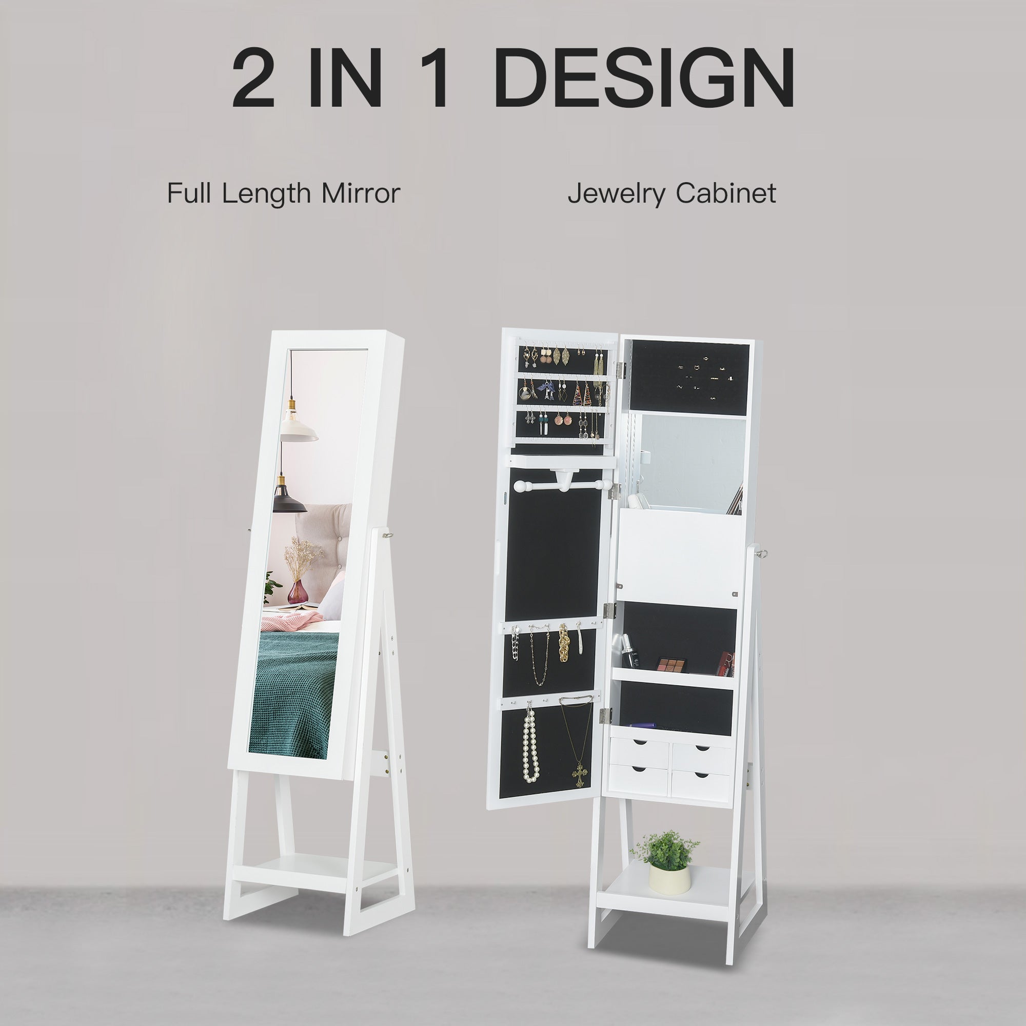 HOMCOM Jewellery Cabinet with LED Light, 2 Mirrors, Drawers, Hooks, Shelves, Make