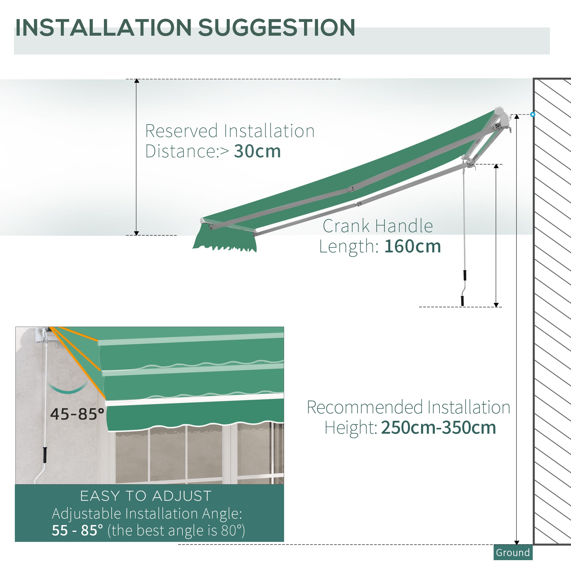 Outsunny Manual Retractable Awning, Garden Patio Sun Shade Shelter, 4m x 3m, Durable, Green