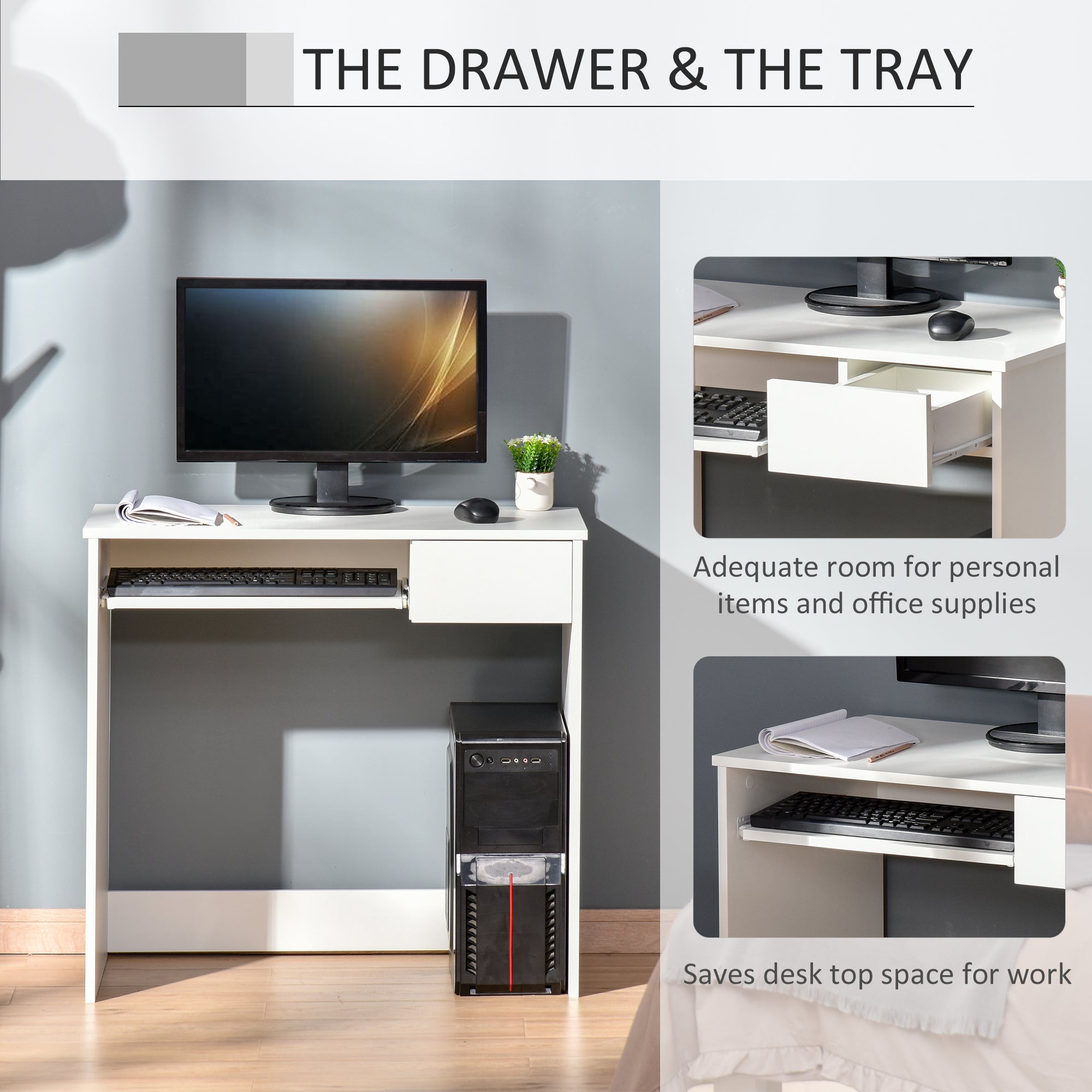 Kozy 80cm Compact Computer Desk with Keyboard Tray, Home Office Desk with Drawer for Bedroom Study, White